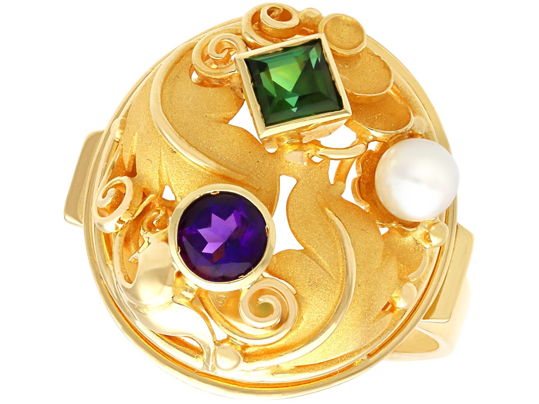 Vintage German Pearl Tourmaline Amethyst and 14k Yellow Gold Dress Ring For Sale