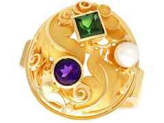 Vintage German Pearl Tourmaline Amethyst and 14k Yellow Gold Dress Ring
