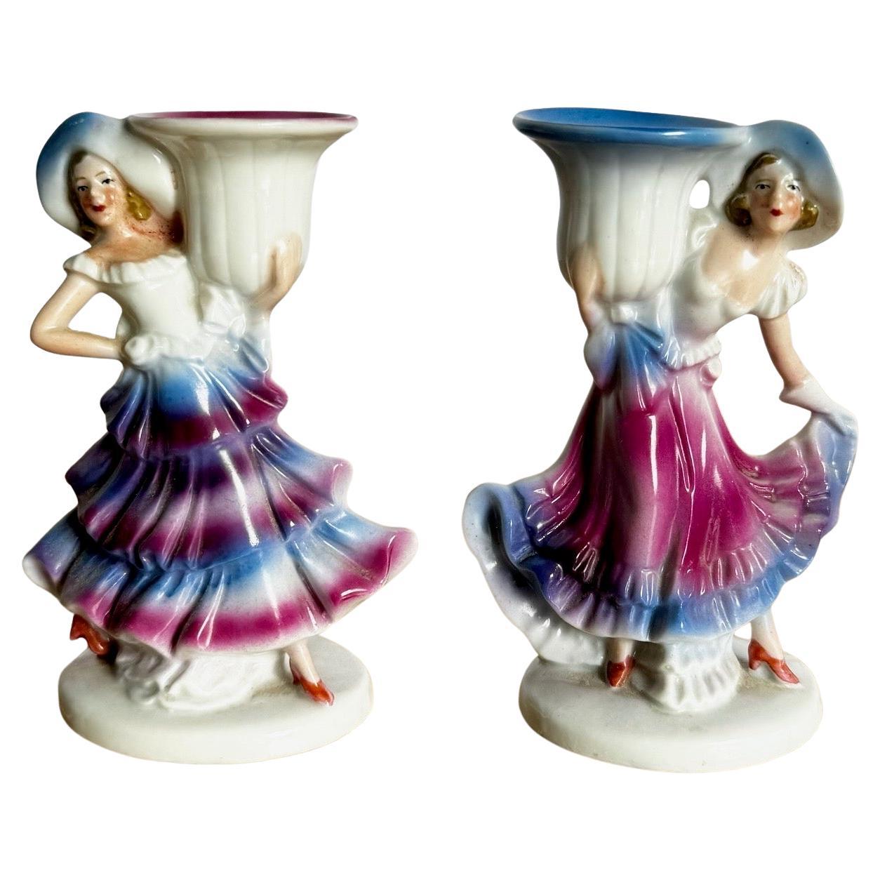 Vintage German Porcelain Dancer Candlestick Holders - a Pair