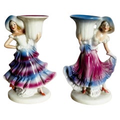 Paire de bougeoirs vintage en porcelaine allemande avec danseuse