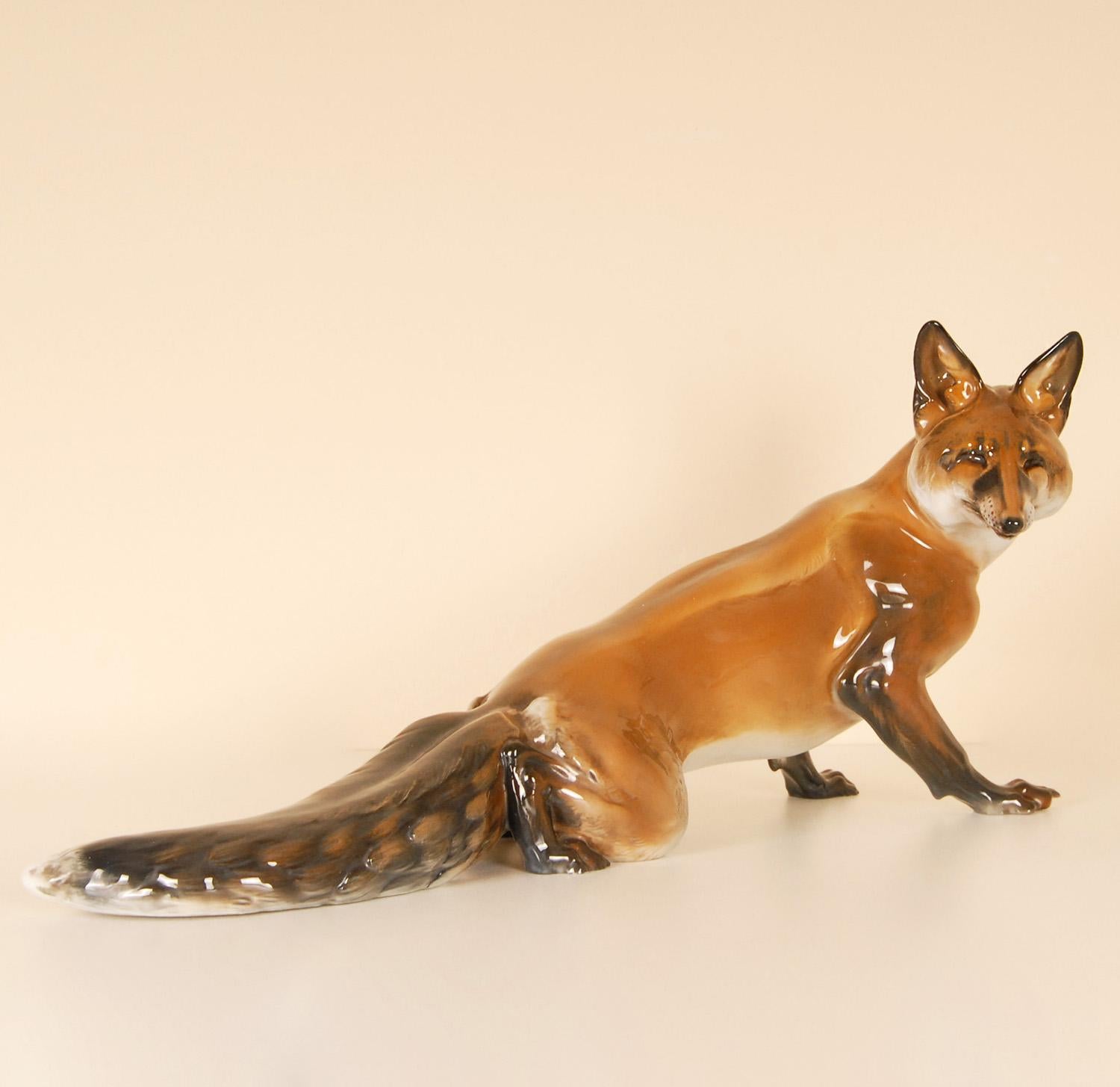 Hand-Crafted Vintage German Porcelain Figure Large Fox Animal Figurine Mid Century Rosenthal  For Sale