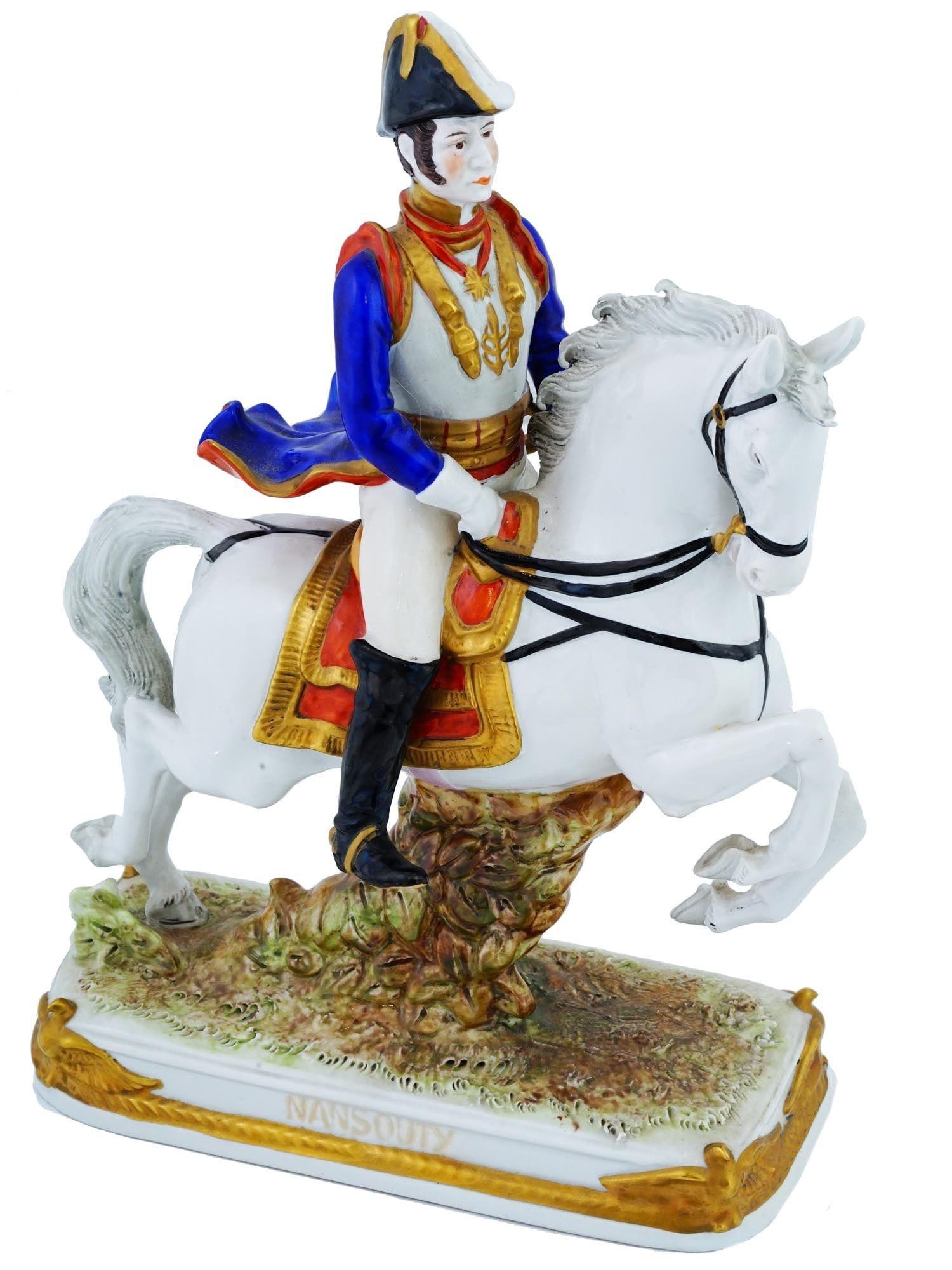 Vintage (early 20th century) German porcelain figurine depicting the French Napoleonic army officer on a white horse, Etienne Marie Antoine Champion, comte de Nansouty, 1768 to 1815. From the Kister Porcelain Manufactory of Scheibe Alsbach. 