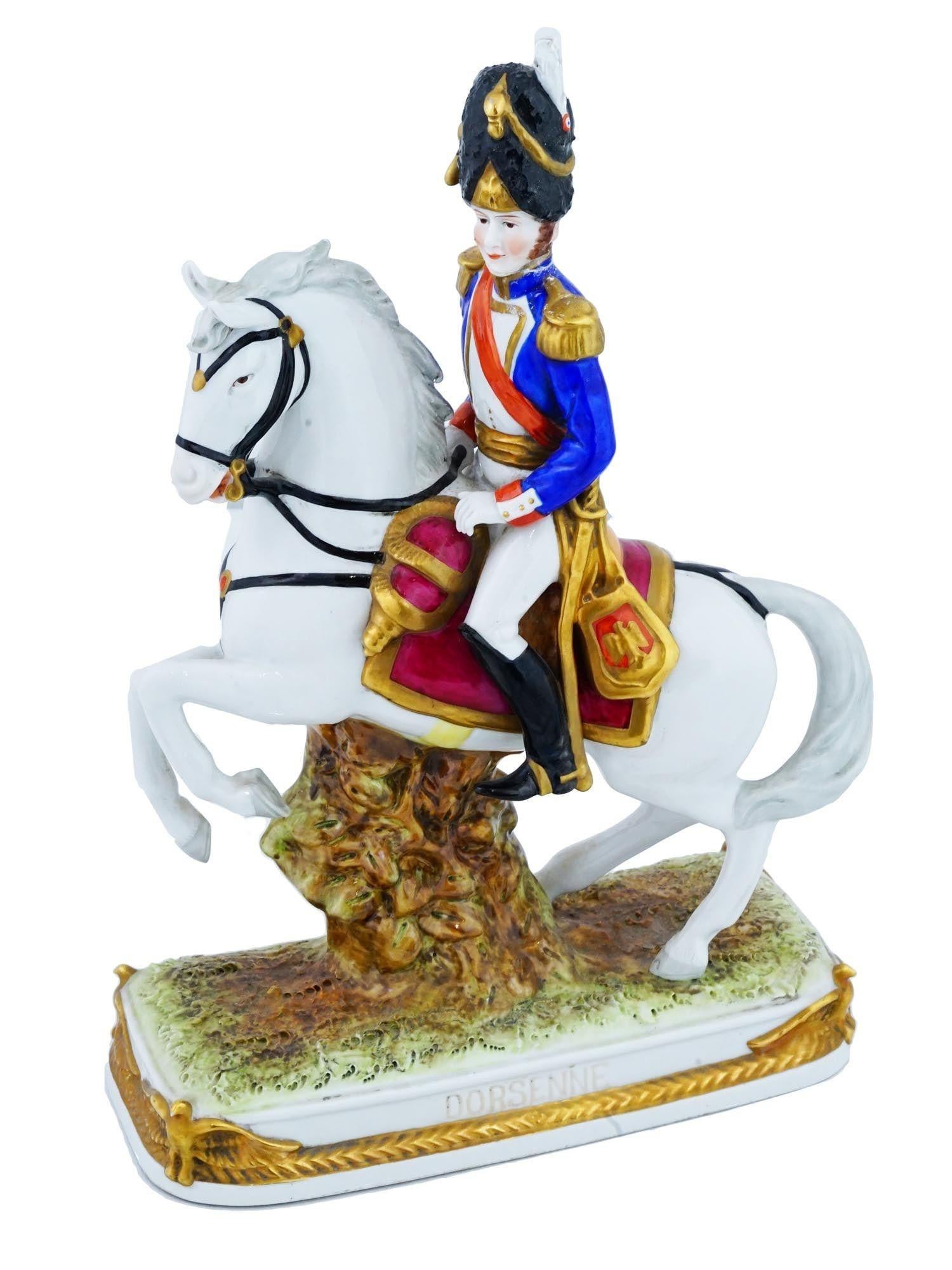 Vintage German porcelain figurine of a Napoleonic army officer on a white horse depicting Jean Marie Dorsenne count Lepaige, 1773 to 1812, a French military officer of the French Revolutionary Wars and the Napoleonic Wars.
From the Kister Porcelain