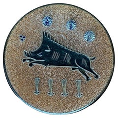 Vintage German Pottery Wall Plate with Boar Hunting Motif by Wim Mühlendyc, 1986