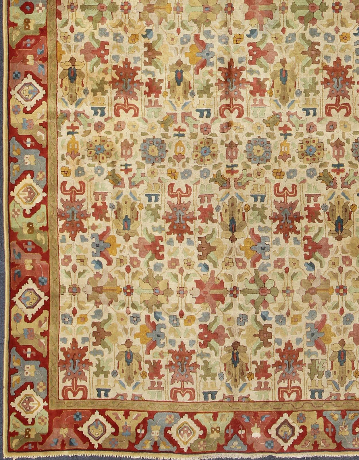 This German Bauhaus rug features a delightful array of colors woven together in a dazzling display of Sub-geometric designs. Every shade and hue of the primary and secondary colors rests beautifully upon the central, neutral field of ivory.