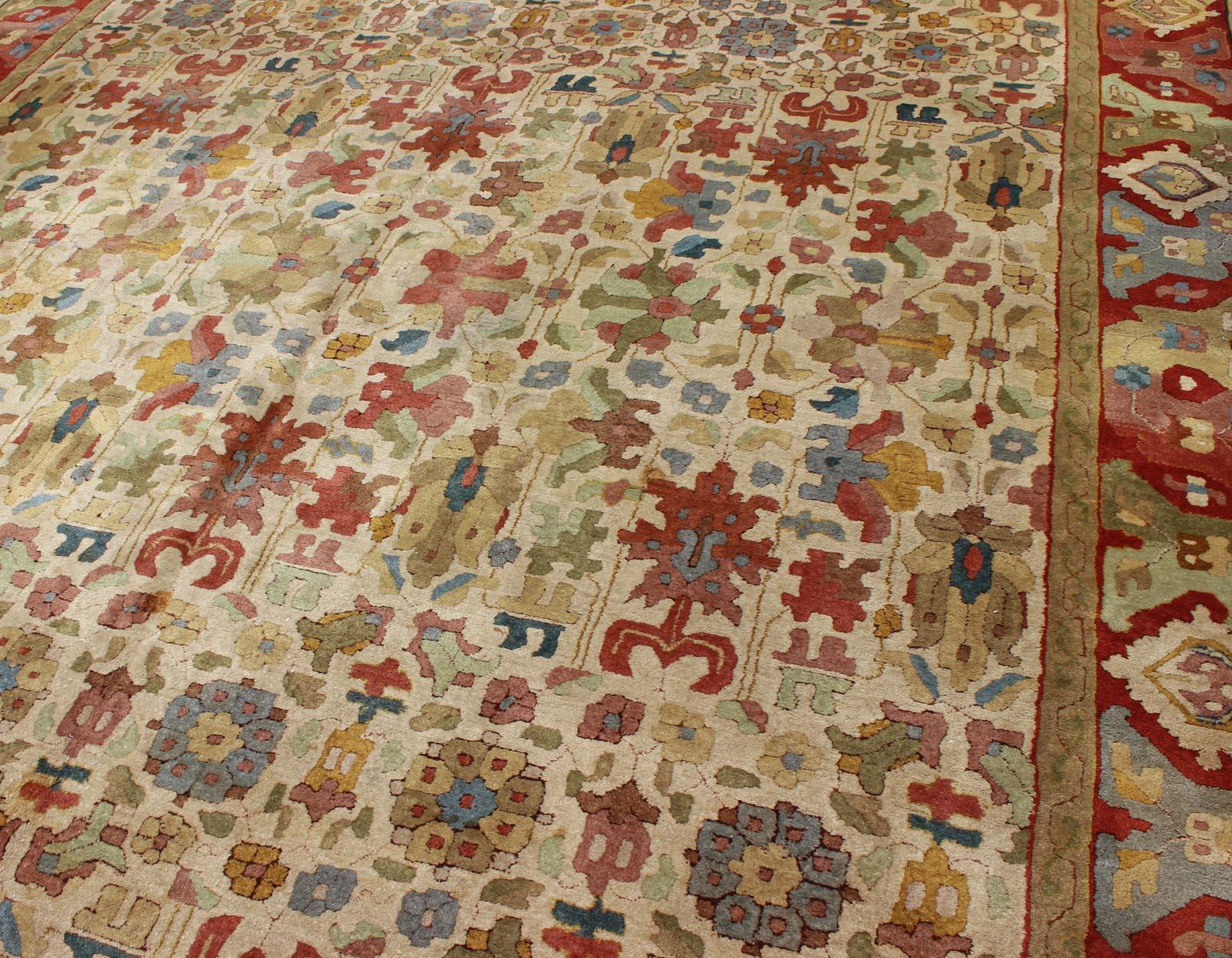 Wool Vintage German Rug with Sub-Geometric Palmettes, Blossoms and Leaves