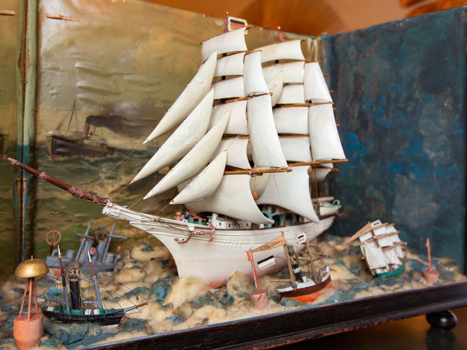 Hand-Carved Vintage German Sailing Ship Handmade Diorama, circa 1940 For Sale