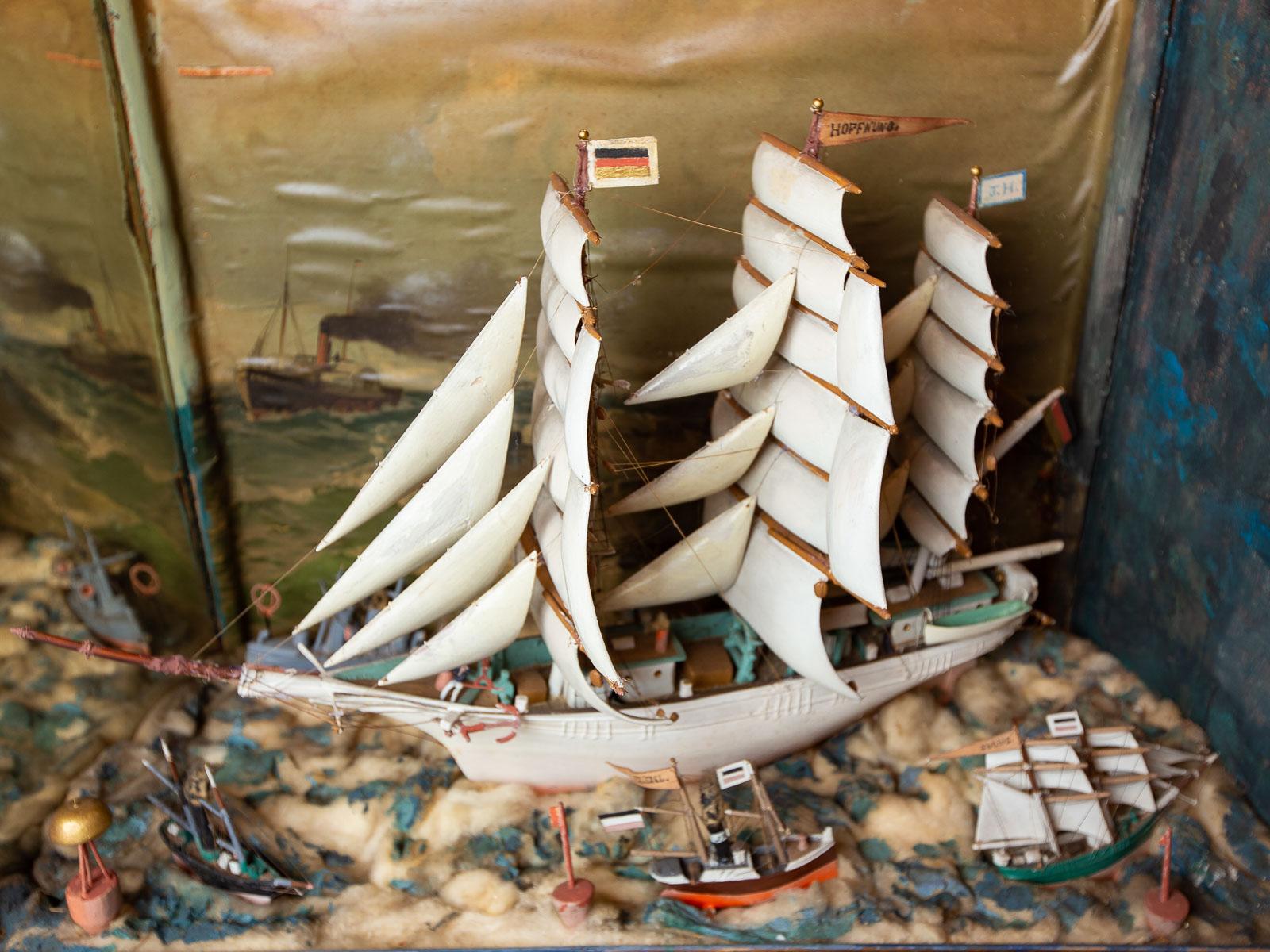 Vintage German Sailing Ship Handmade Diorama, circa 1940 In Good Condition For Sale In Houston, TX