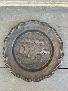 Vintage German Sailing Ship Pewter Wall Plate
