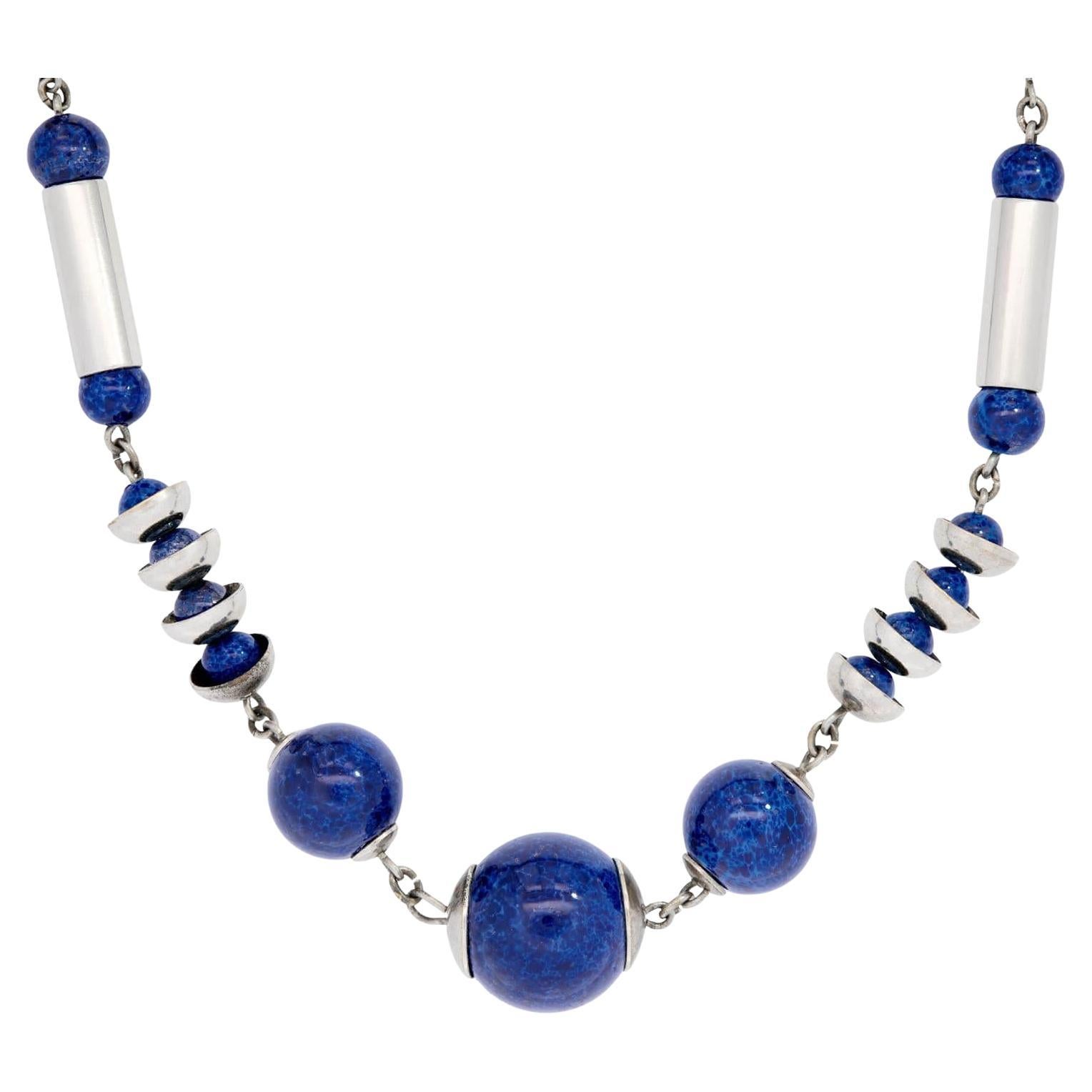 Vintage German Sterling Silver Lapis Bead Necklace