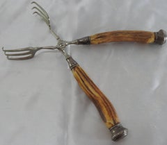 Vintage German Sterling Silver Tongs with Horn Handles