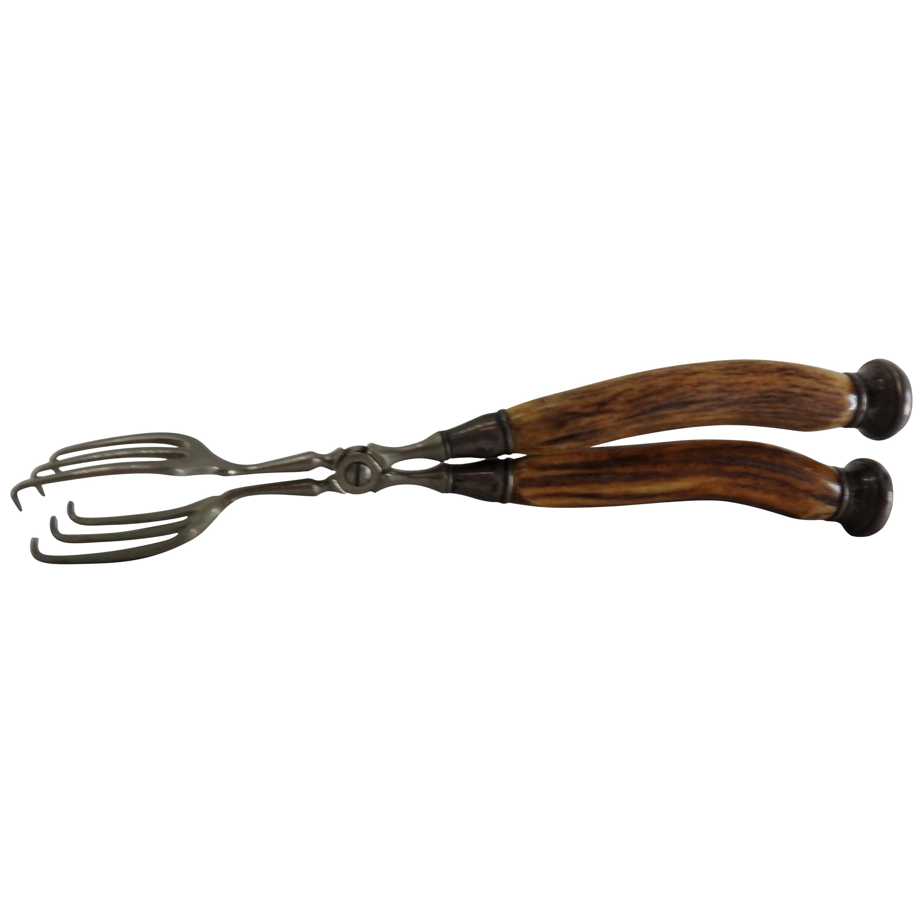 Vintage German Sterling Silver Tongs with Horn Handles For Sale at