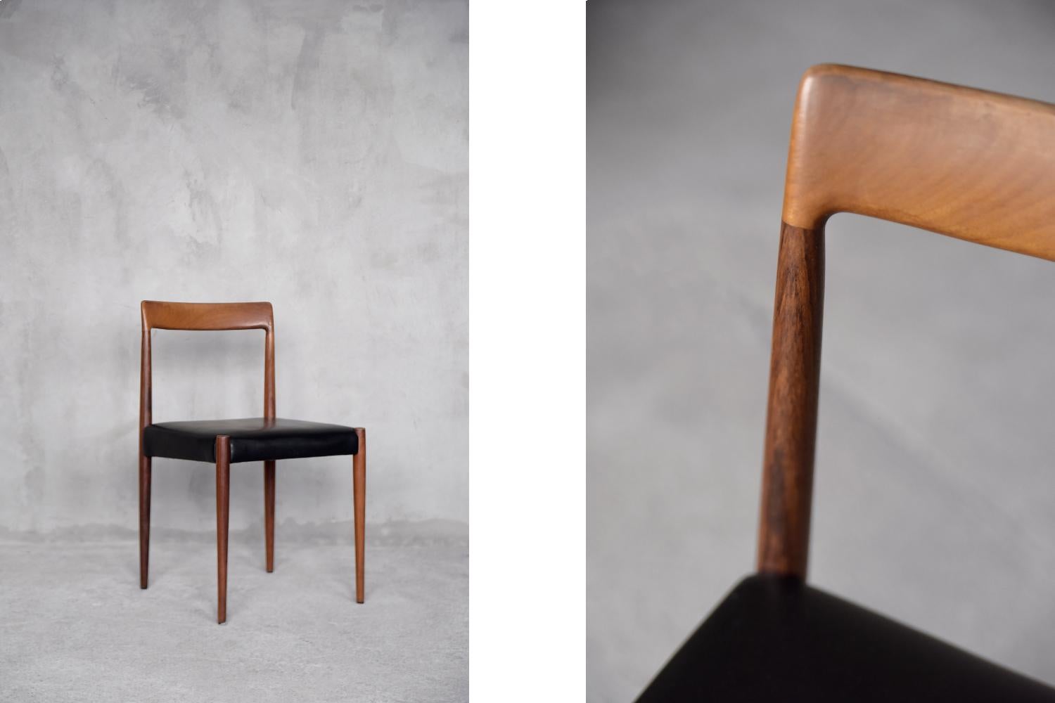 This modernist chair from the German manufacture Lübke, was produced during the 1960s. The frame of the chair is made of teak wood with a warm, brown color with clearly marked interesting graining. The seat has been refurbished and is upholstered in