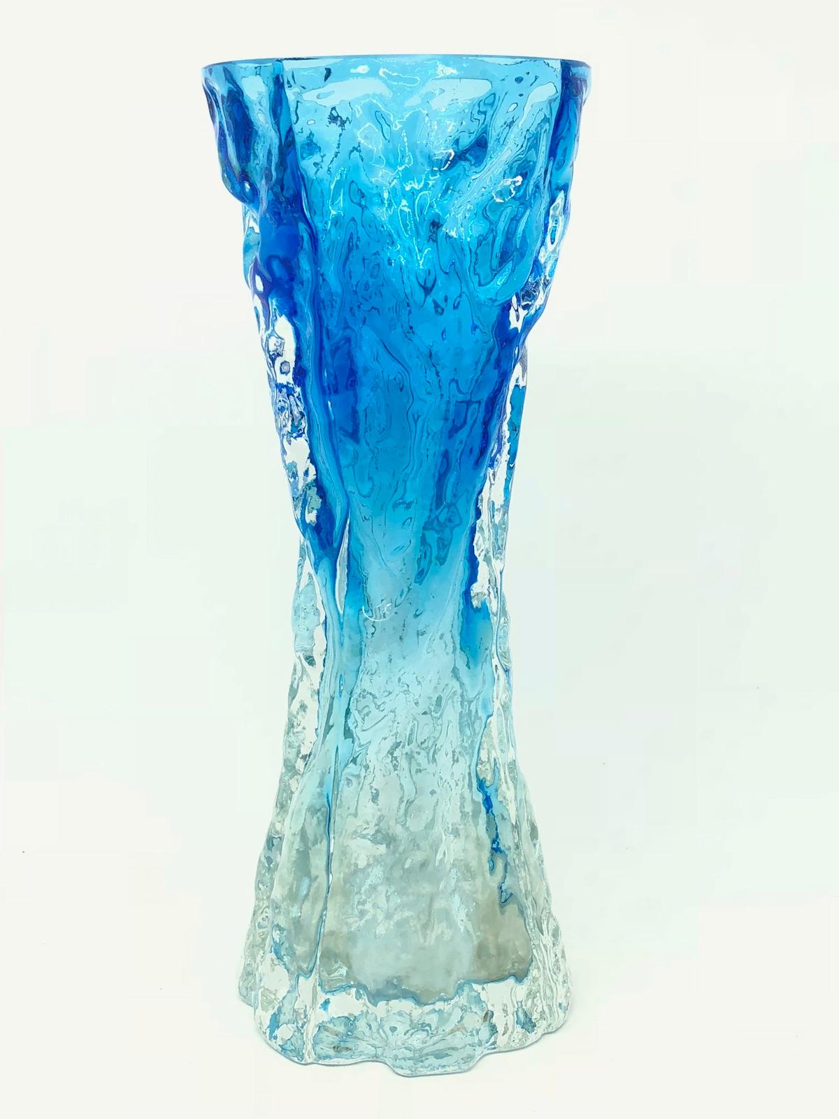 Mid-Century Modern Vintage German Vibrant Blue Glass Tree Bark Vase by Ingrid Glas, circa 1970s For Sale