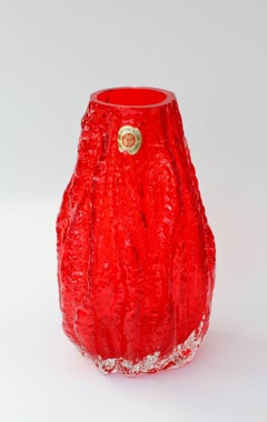 Vintage German Vibrant Red Glass Tree Bark Vase by Ingrid Glas, circa 1970s
