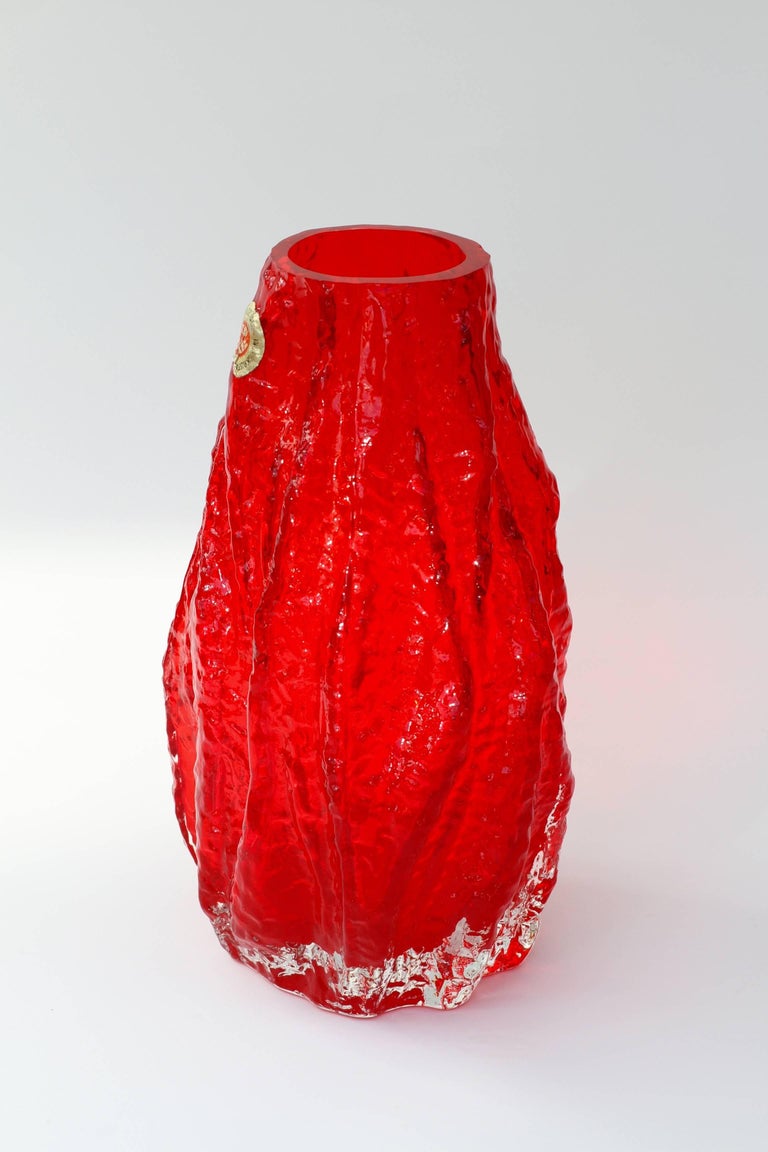 Mid-Century Modern Vintage German Vibrant Red Glass Tree Bark Vase by Ingrid Glas, circa 1970s For Sale