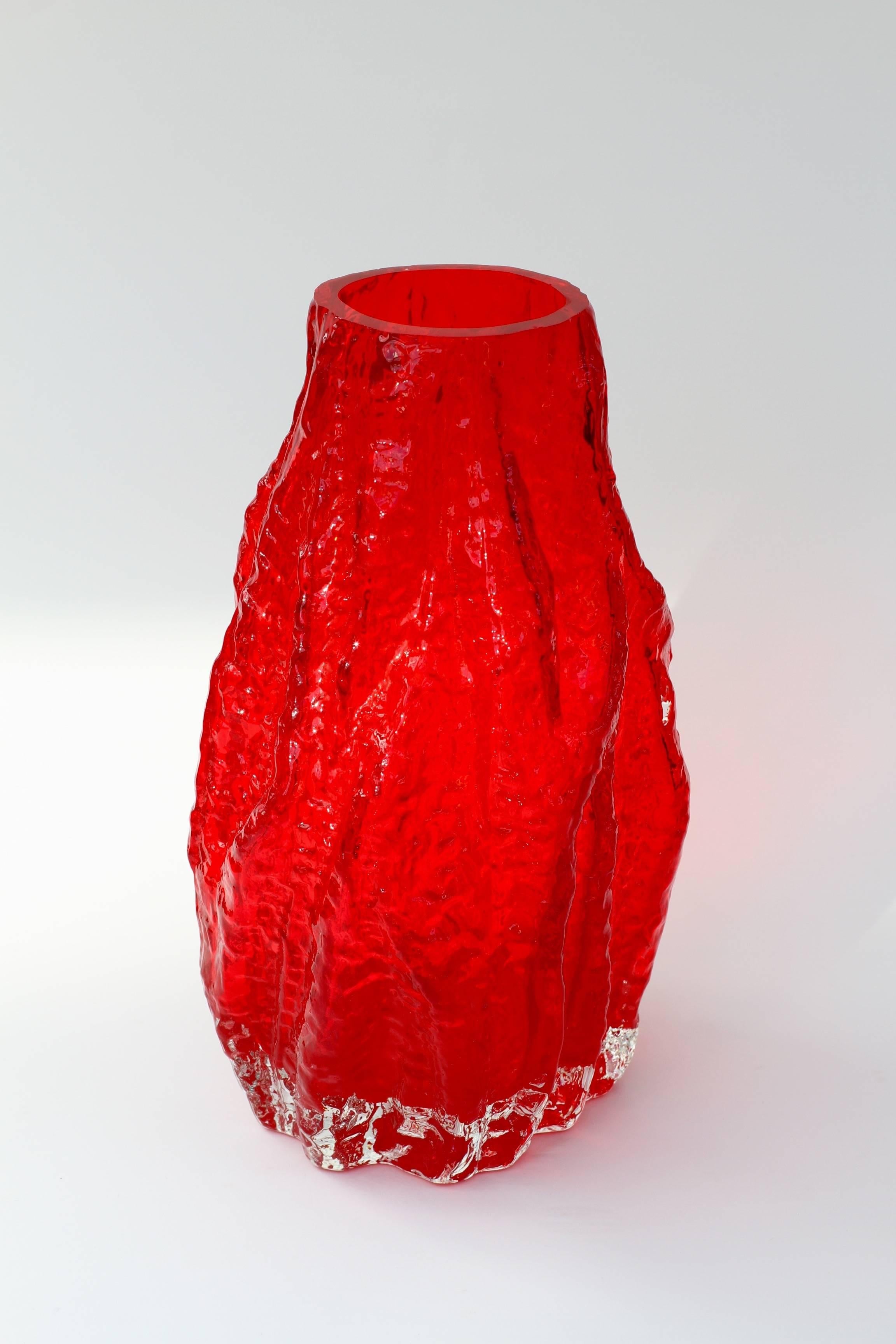 Molded Vintage German Vibrant Red Glass Tree Bark Vase by Ingrid Glas, circa 1970s For Sale