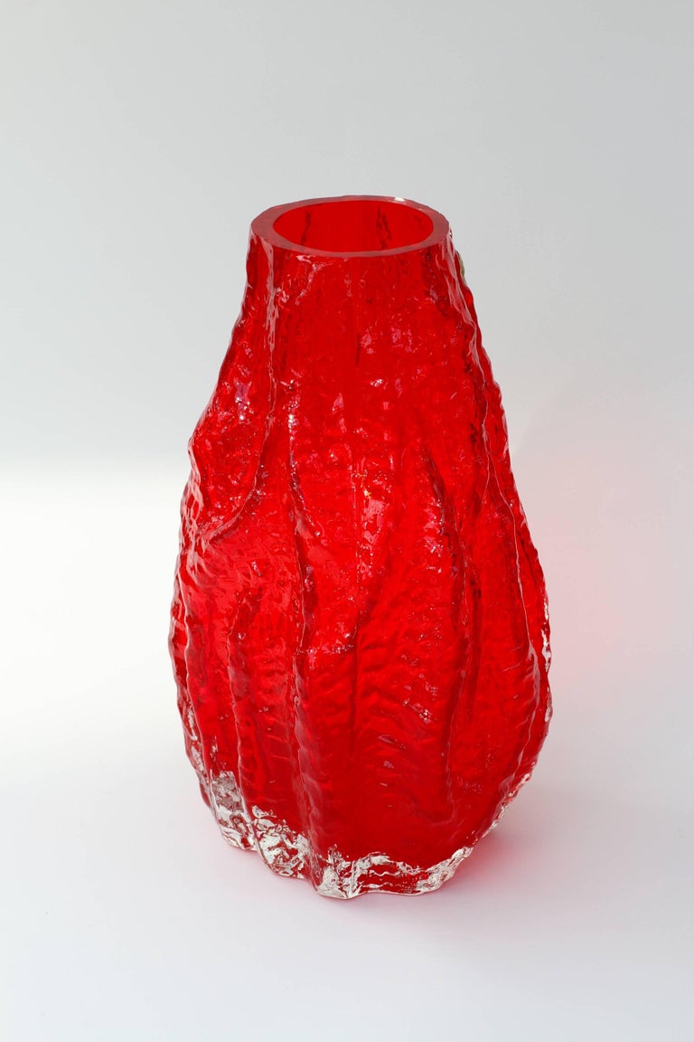 Late 20th Century Vintage German Vibrant Red Glass Tree Bark Vase by Ingrid Glas, circa 1970s For Sale