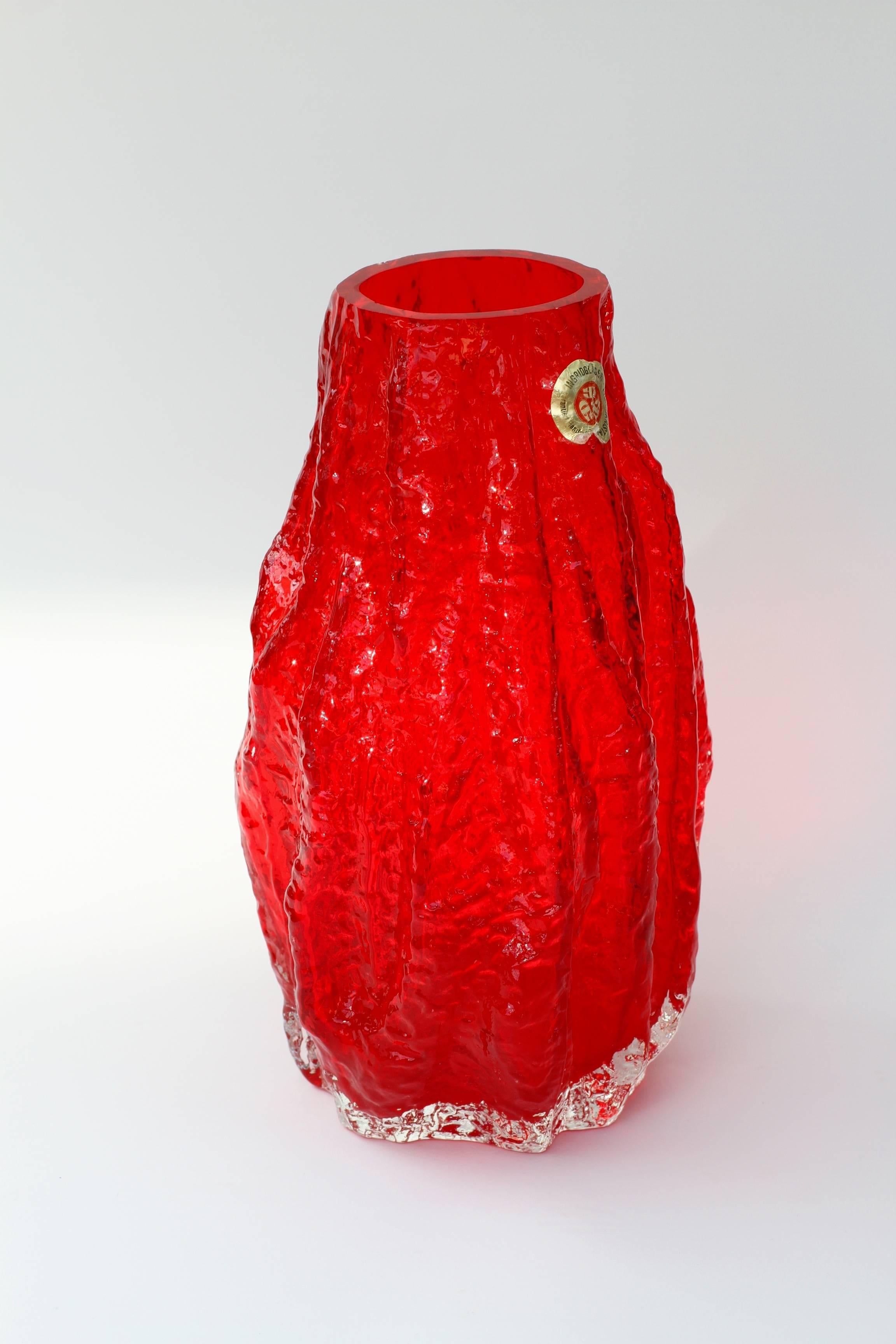 Blown Glass Vintage German Vibrant Red Glass Tree Bark Vase by Ingrid Glas, circa 1970s For Sale