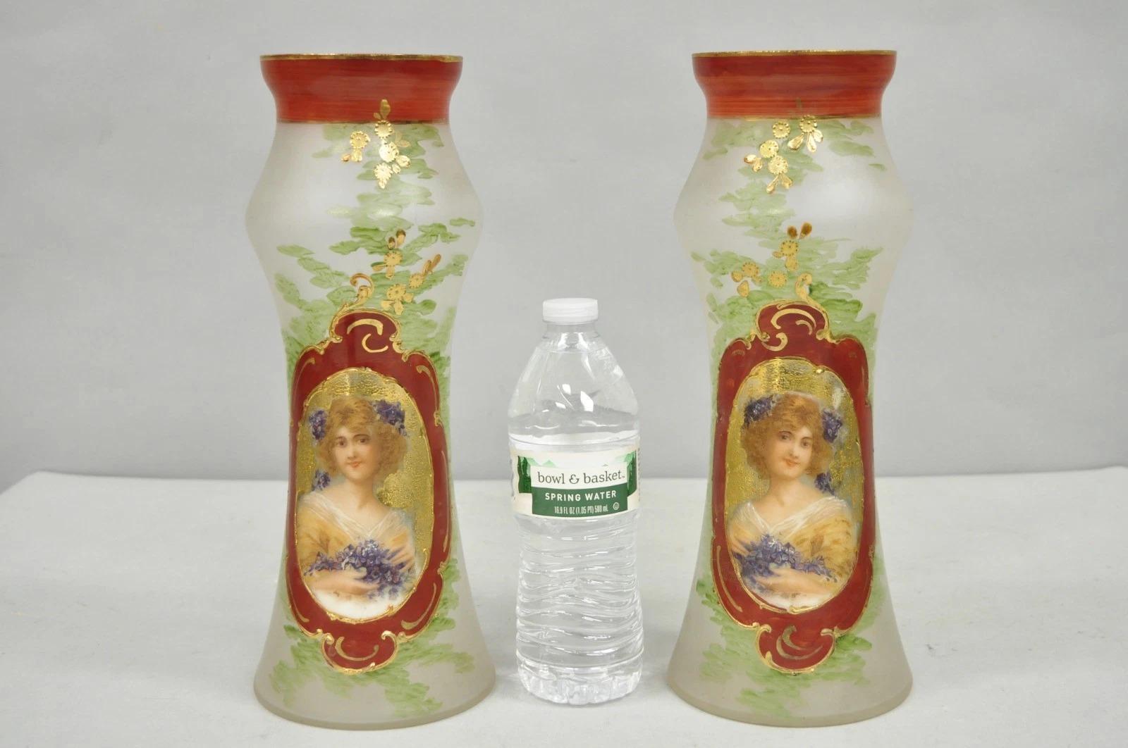 Vintage German Victorian Frosted Glass Painted Figural Woman Bust Vases - a Pair. Circa Mid 20th Century. Dimensions : 12,5