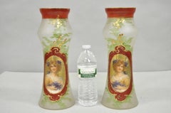 Vintage German Victorian Frosted Glass Painted Figural Woman Bust Vase - a Pair