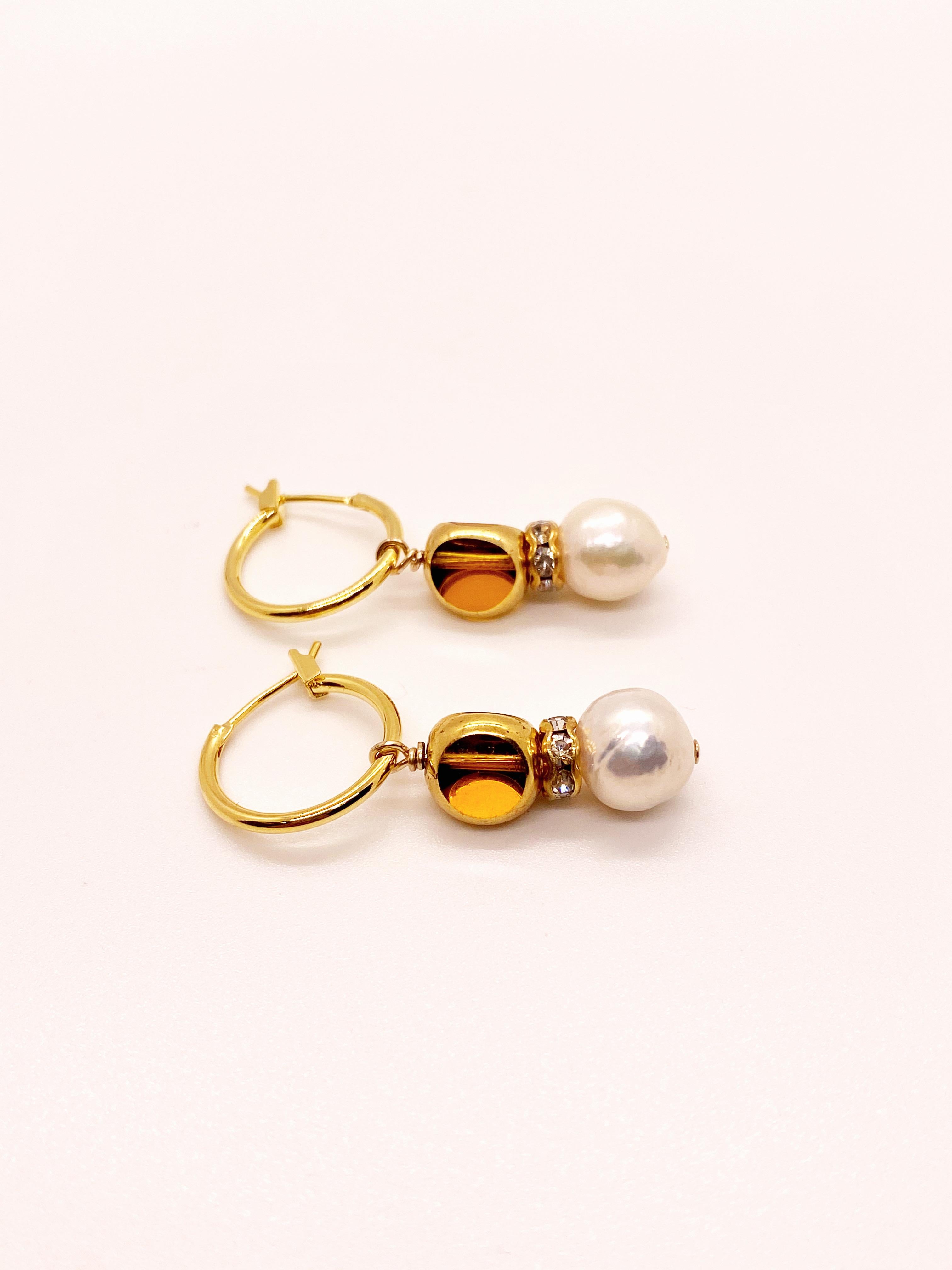 Contemporary Vintage German Window Glass Beads edged with 24K gold and Pearl Earrings