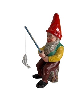Gnomo da giardino tedesco vintage che pesca, bella statua anni '30