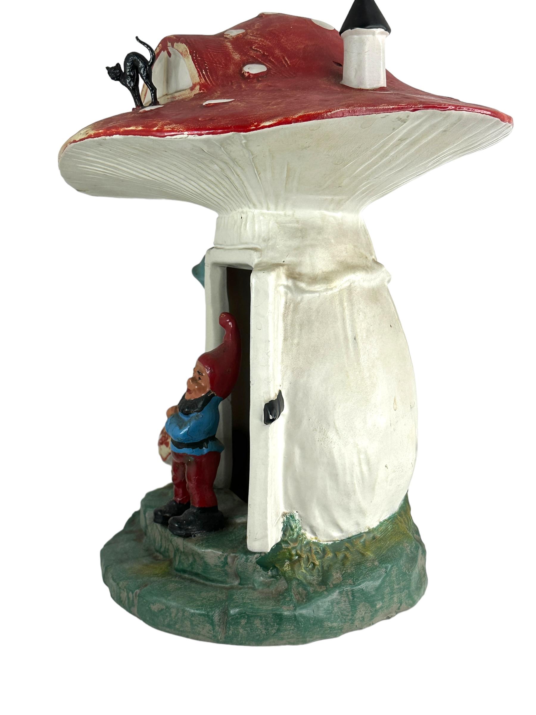 Hand-Painted Vintage German Yard or Garden Gnome Mushroom House Statue, by Heissner Germany