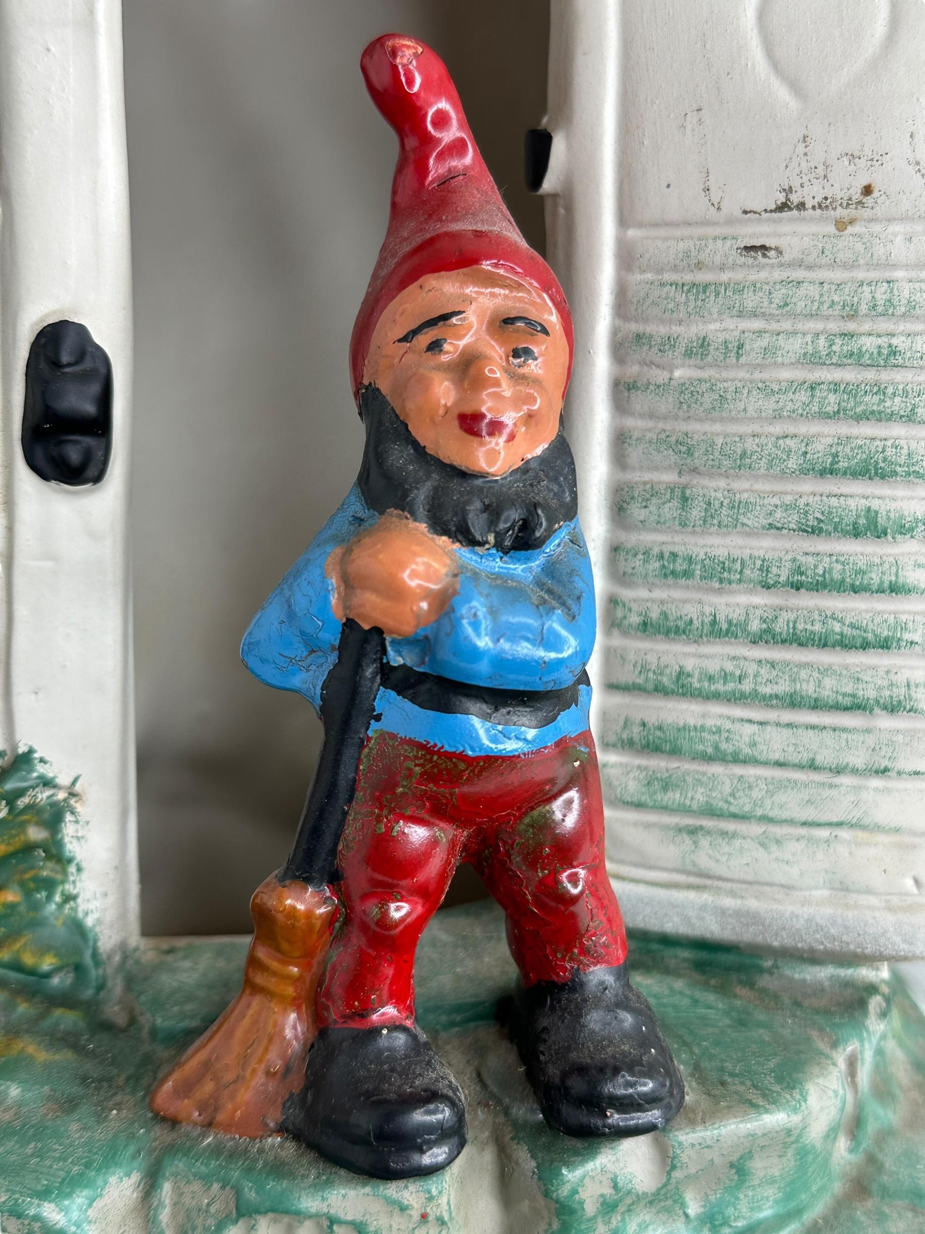 Ceramic Vintage German Yard or Garden Gnome Mushroom House Statue, by Heissner Germany