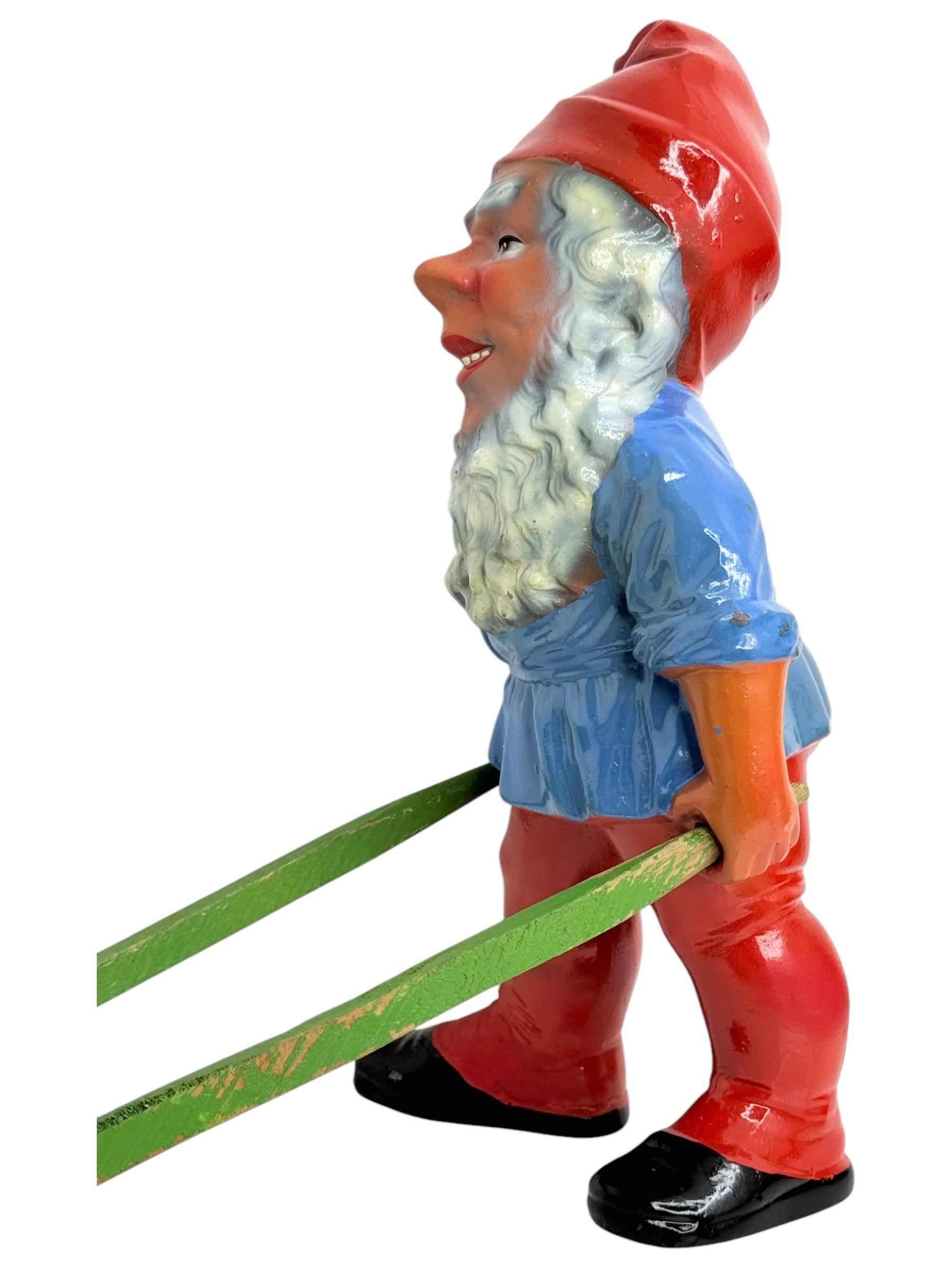 Mid-Century Modern Vintage German Yard or Garden Gnome Statue with Wheelbarrow and his Frog, 1930s