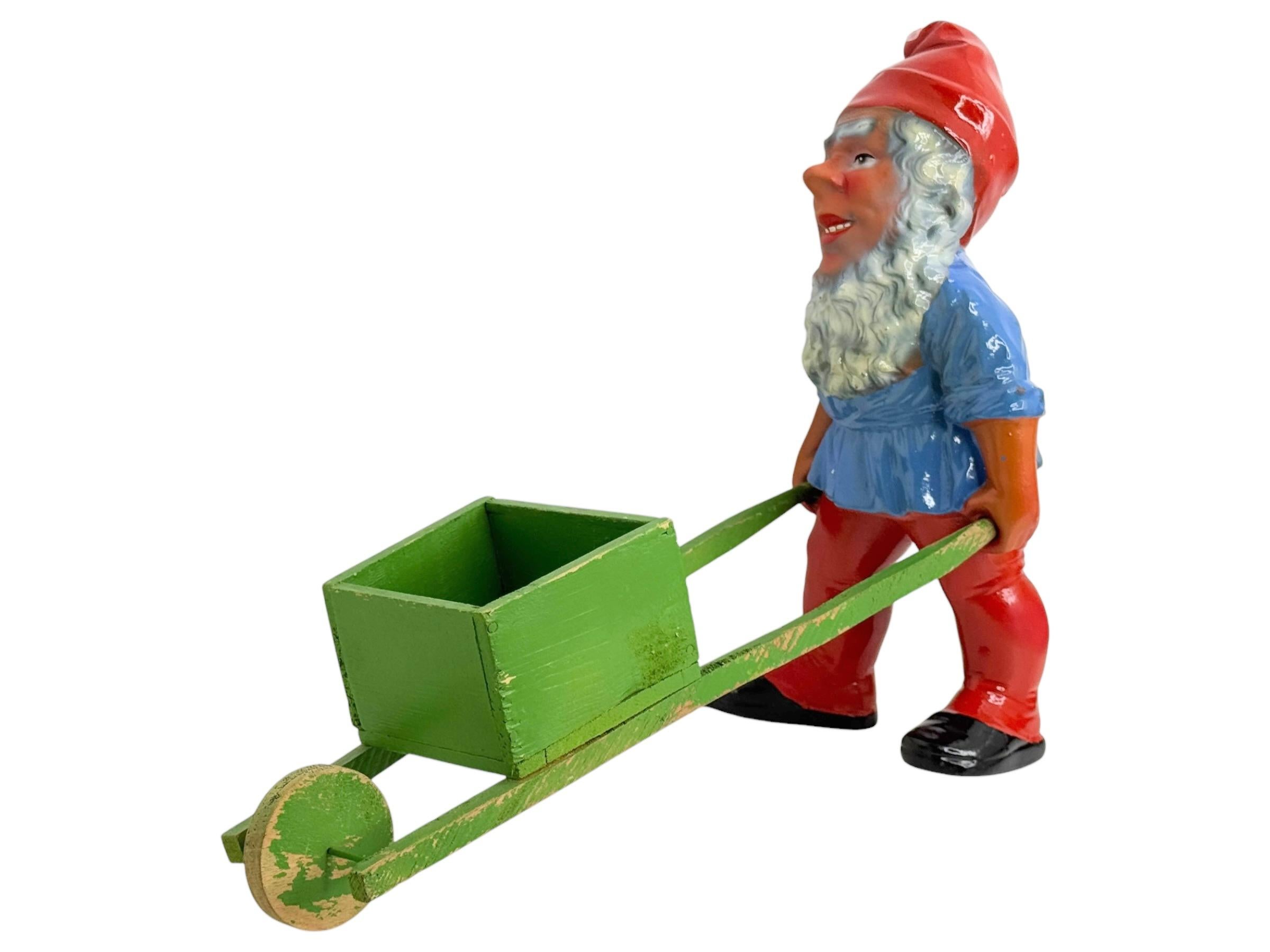 Hand-Painted Vintage German Yard or Garden Gnome Statue with Wheelbarrow and his Frog, 1930s