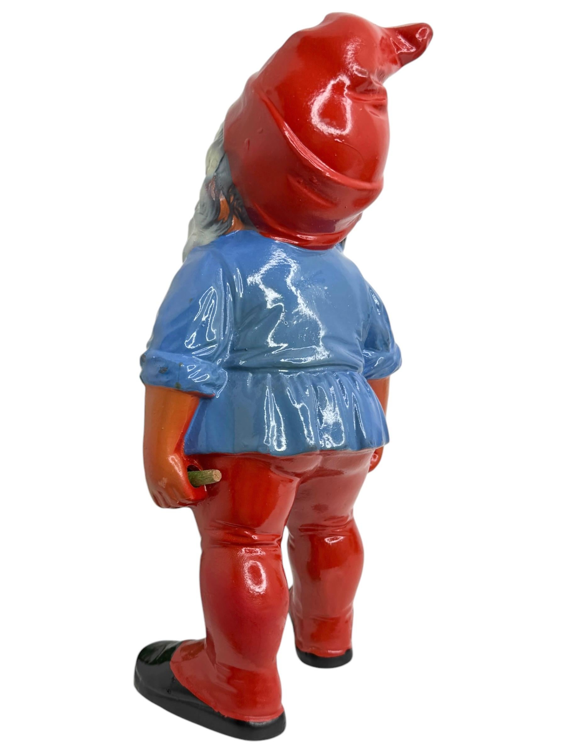 Vintage German Yard or Garden Gnome Statue with Wheelbarrow and his Frog, 1930s In Good Condition In Nuernberg, DE