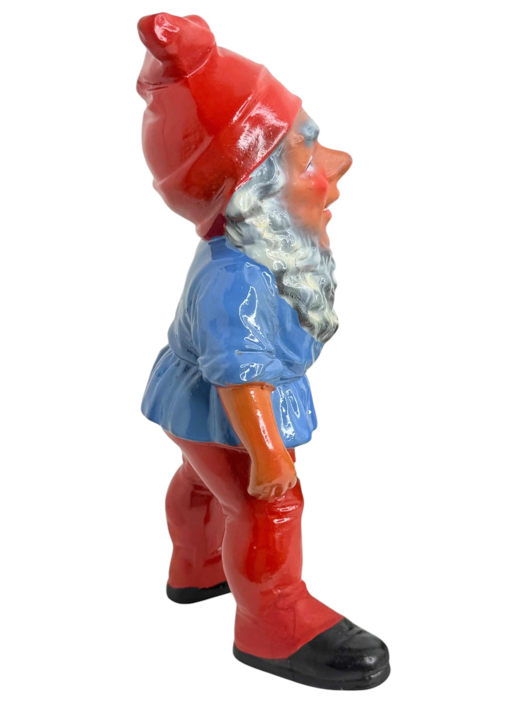 Mid-20th Century Vintage German Yard or Garden Gnome Statue with Wheelbarrow and his Frog, 1930s