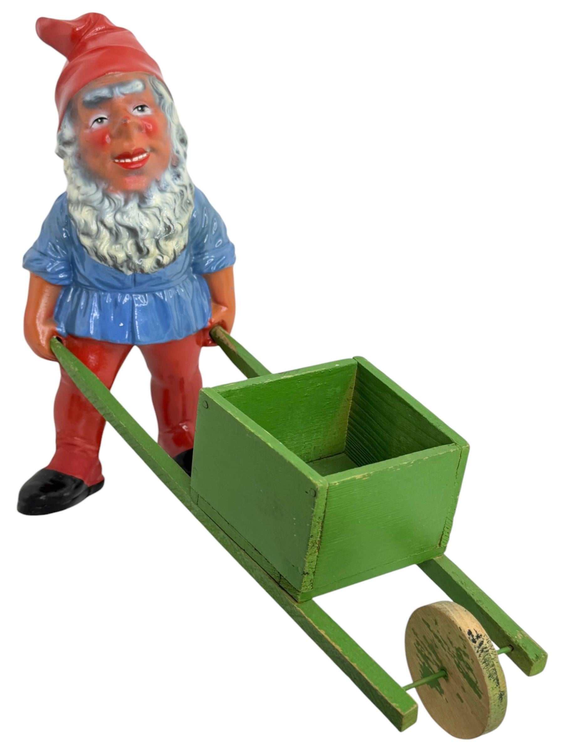 Earthenware Vintage German Yard or Garden Gnome Statue with Wheelbarrow and his Frog, 1930s