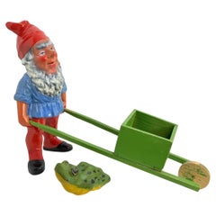 Vintage German Yard or Garden Gnome Statue with Wheelbarrow and his Frog, 1930s