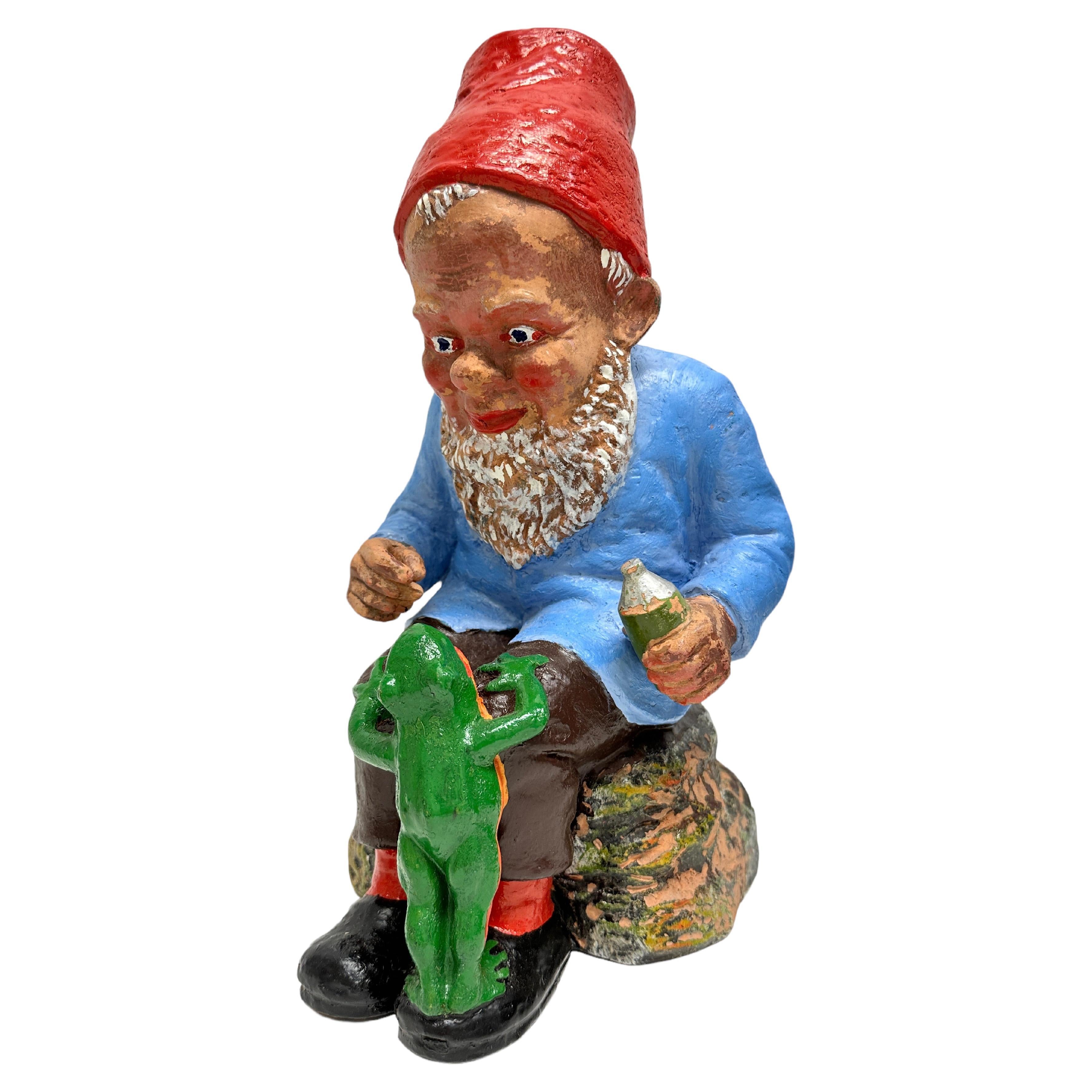 Vintage German Yard or Garden Gnome with Frog Statue, Heissner 1910s