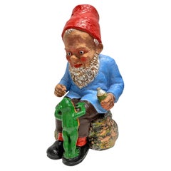 Used German Yard or Garden Gnome with Frog Statue, Heissner 1910s