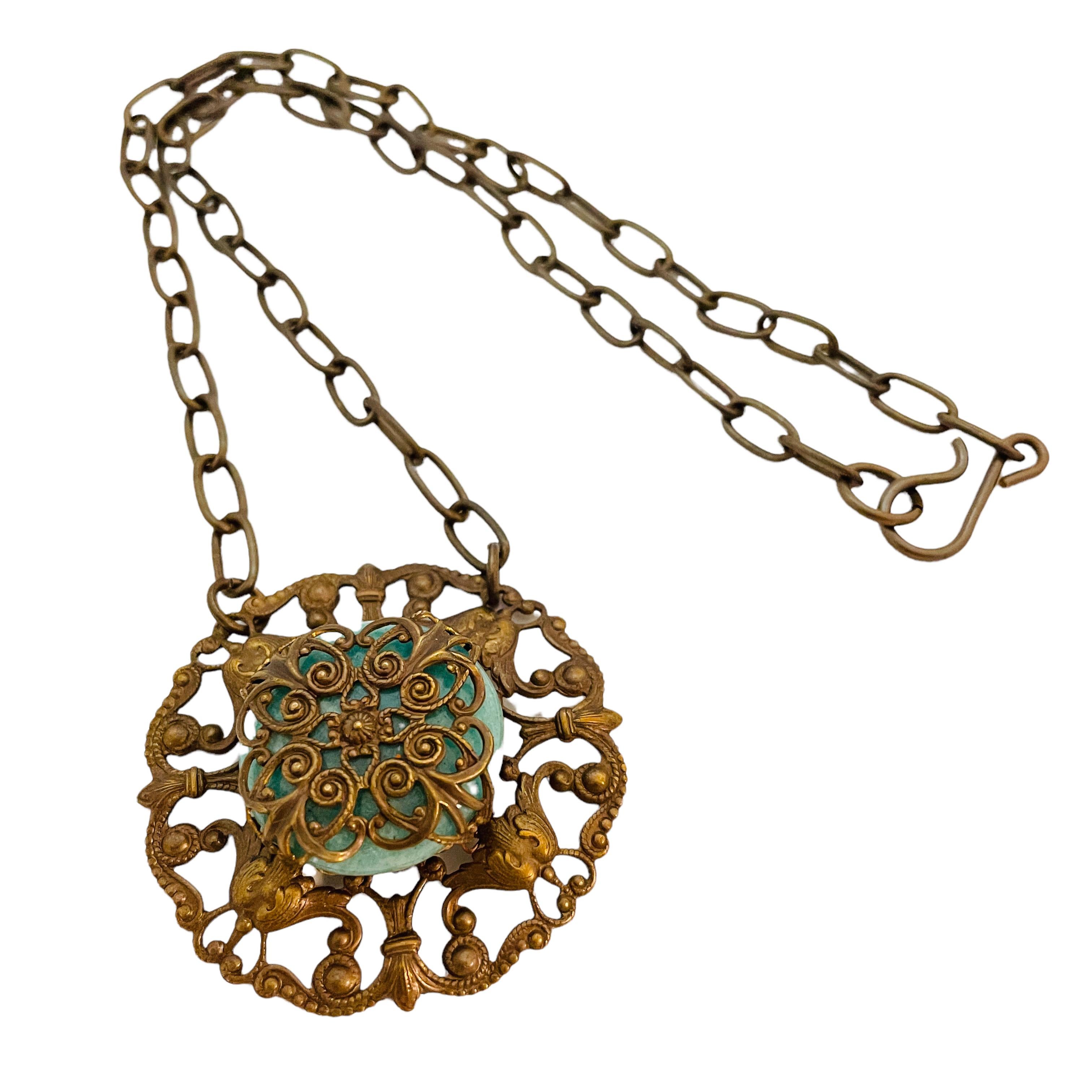 Vintage GERMANY bronze tone jade glass designer chain pendant necklace For Sale 1