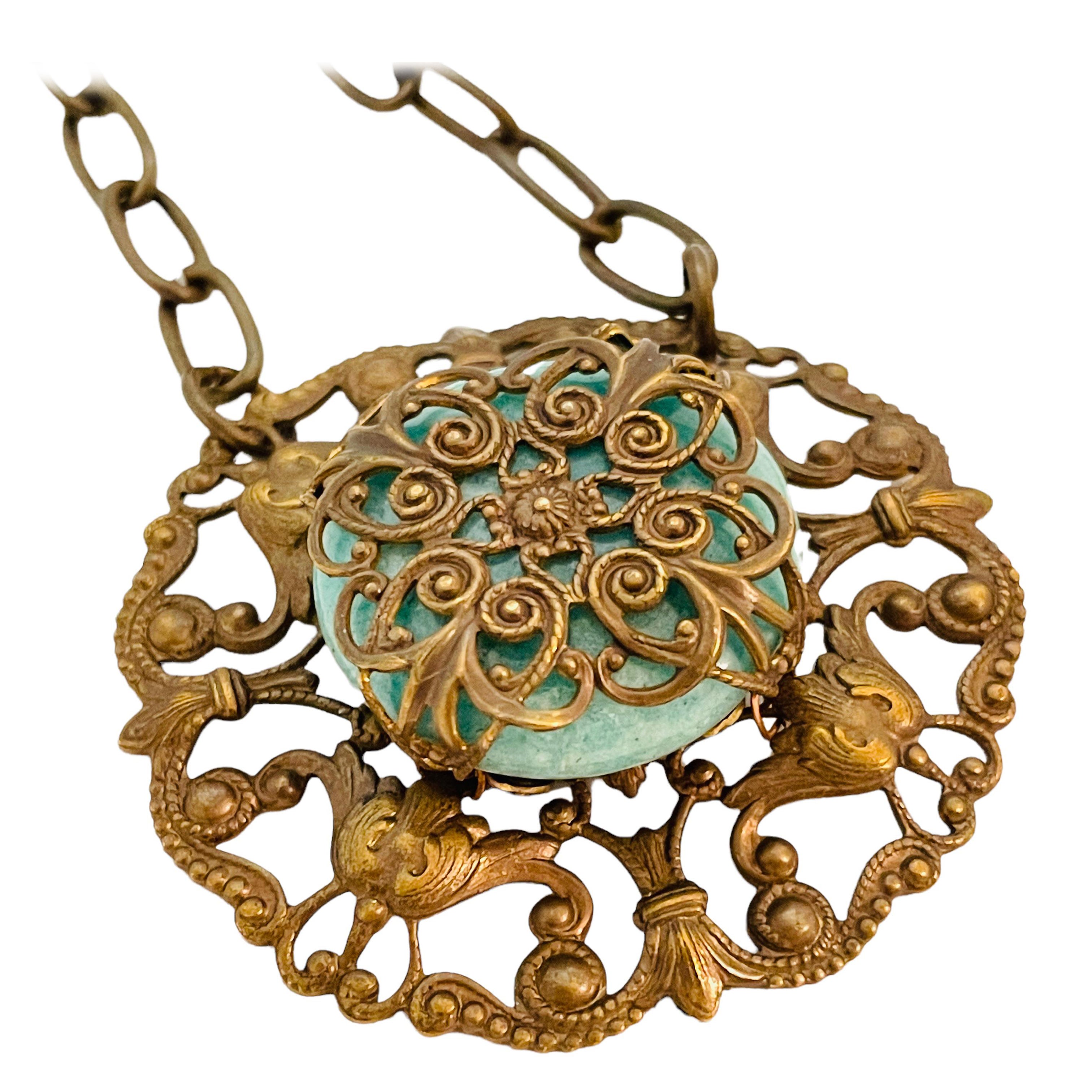 Vintage GERMANY bronze tone jade glass designer chain pendant necklace For Sale