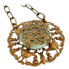 Vintage GERMANY bronze tone jade glass designer chain pendant necklace