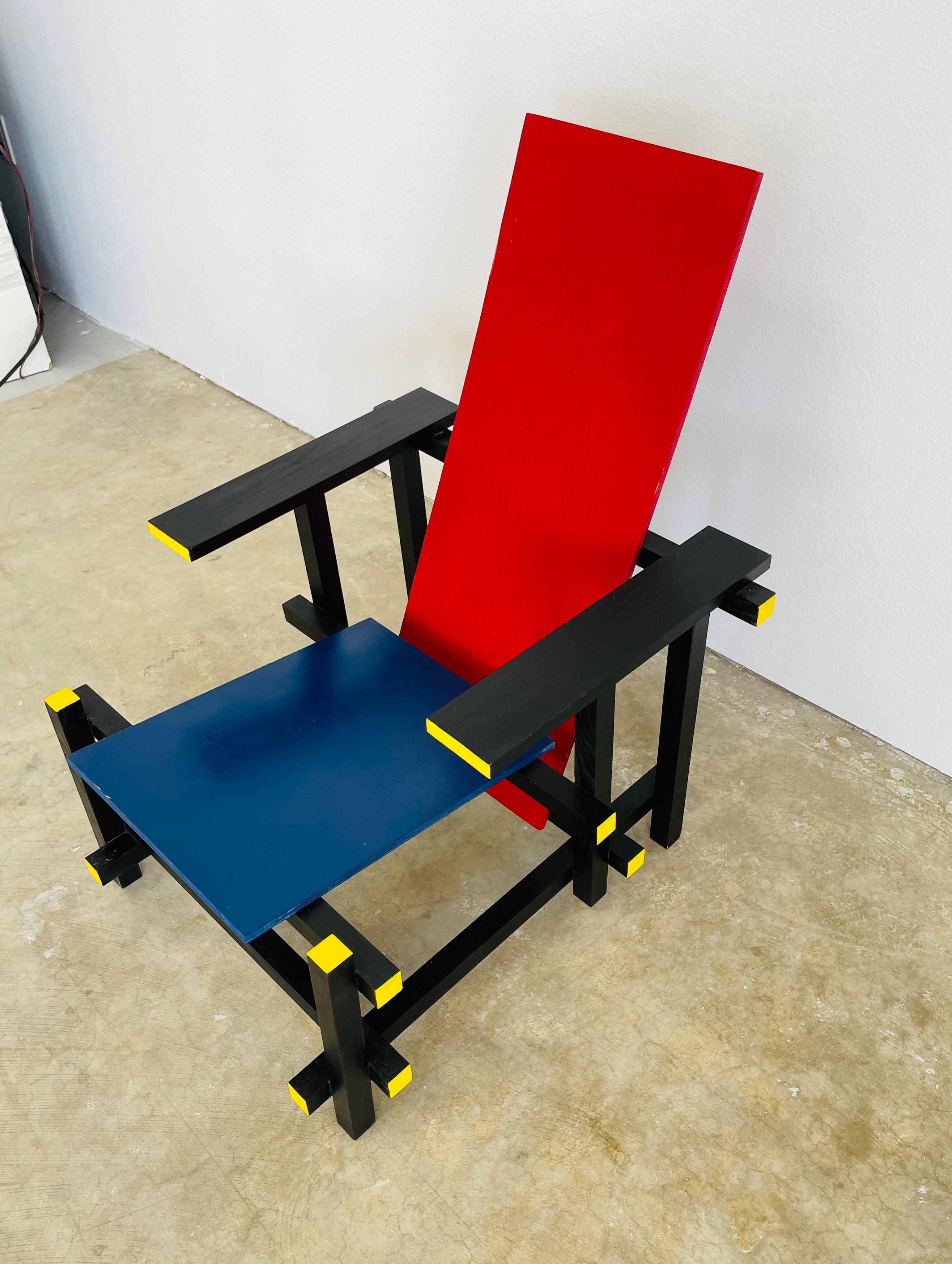 Contemporary Vintage Gerrit Rietveld Style Red Blue De Stijl Wood Chair MCM Bauhaus For Sale
