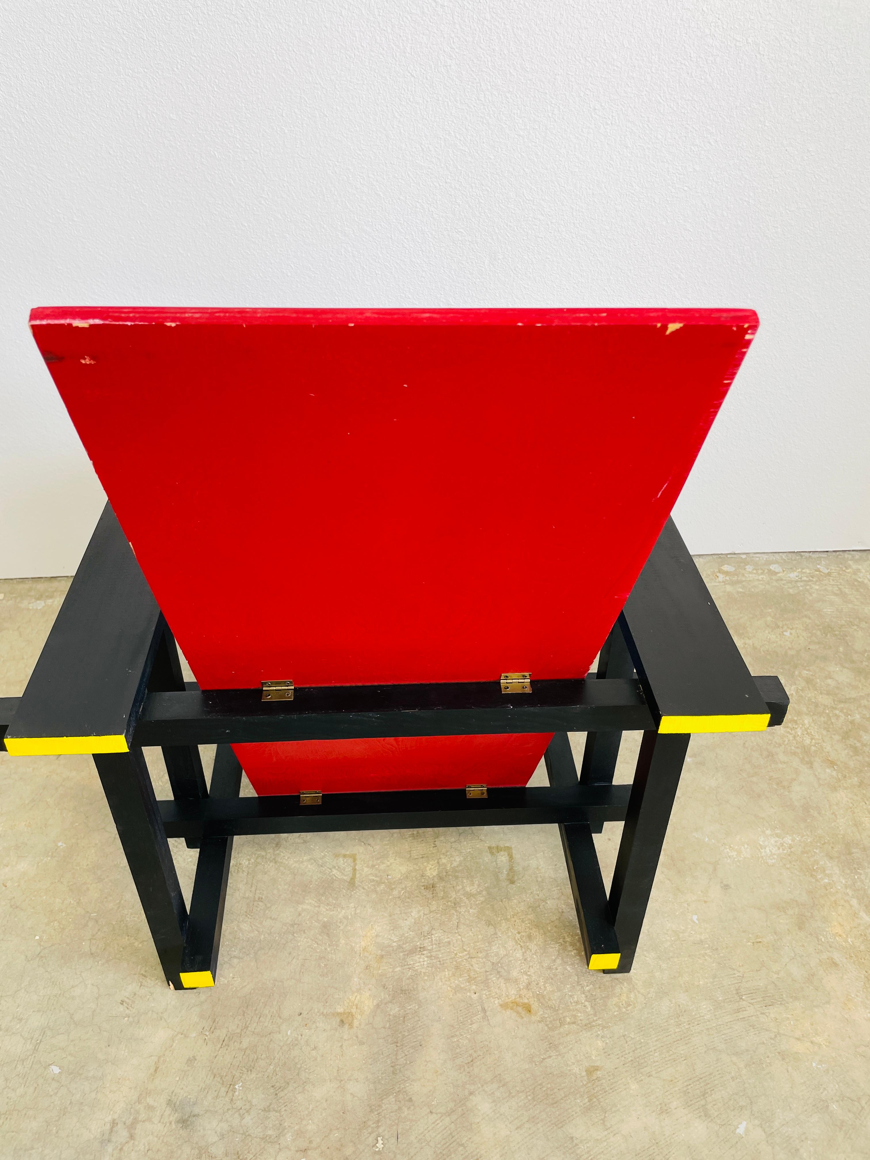 Contemporary Vintage Gerrit Rietveld Style Red Blue De Stijl Wood Chair MCM Bauhaus For Sale
