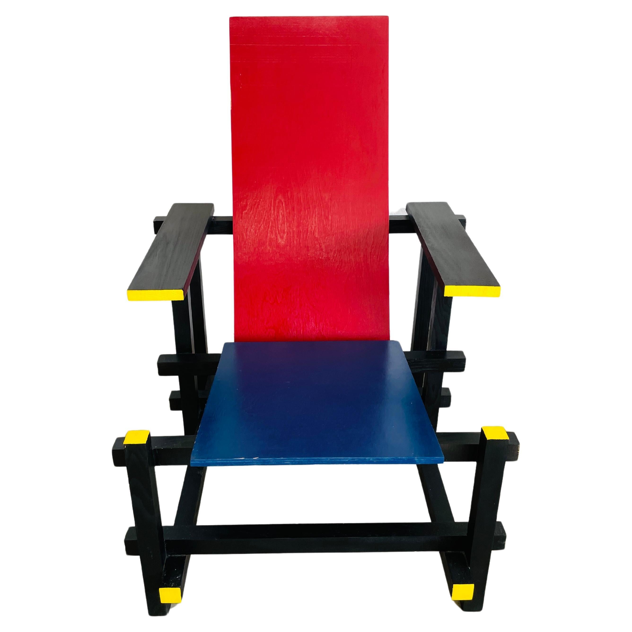 Vintage Gerrit Rietveld Style Red Blue De Stijl Wood Chair MCM Bauhaus For Sale