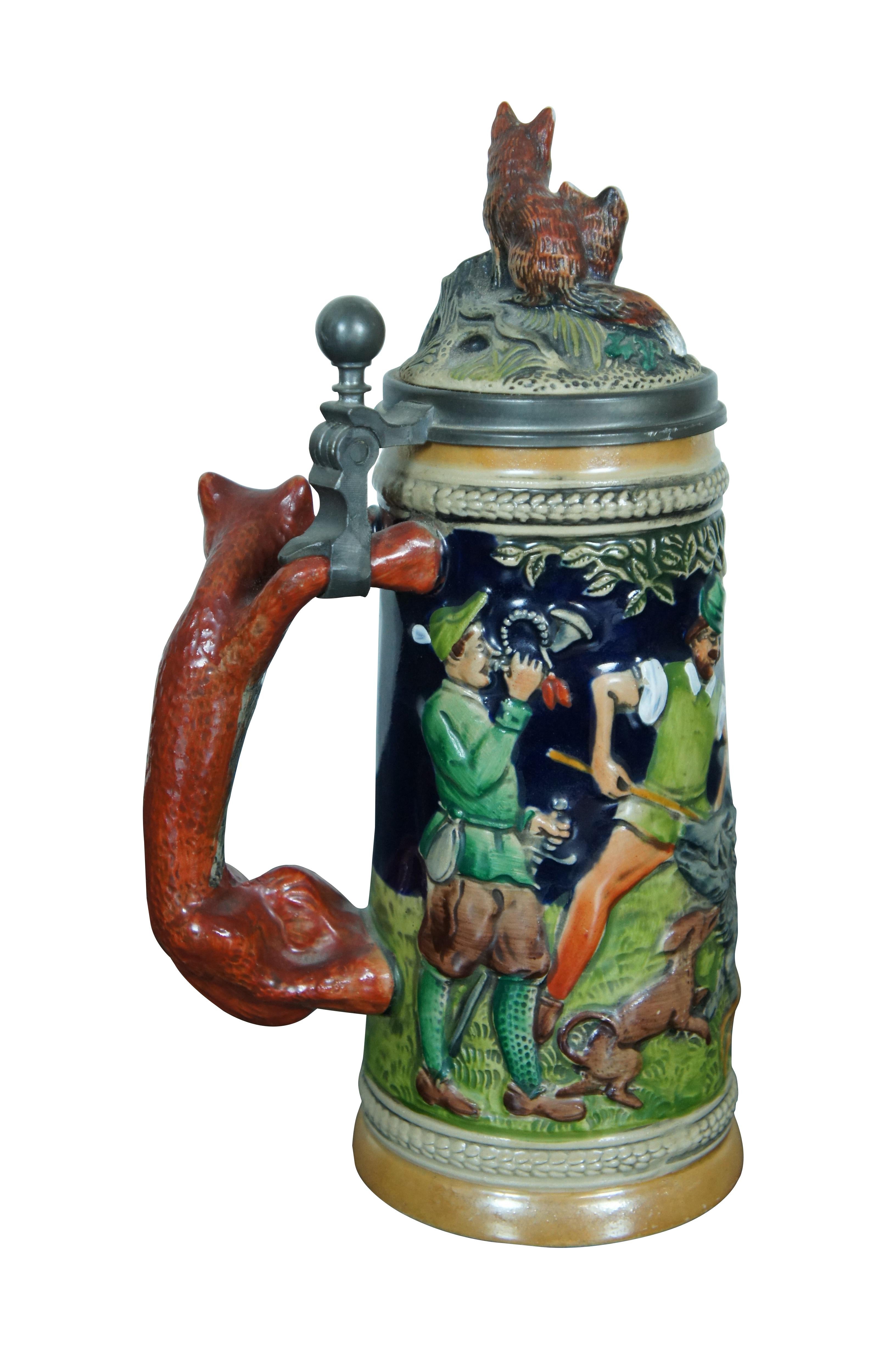 Forêt-Noire Vintage Gerzit Genz Ceramic Handle de renard Boar Hunt Lidded Beer Stein Allemagne 9