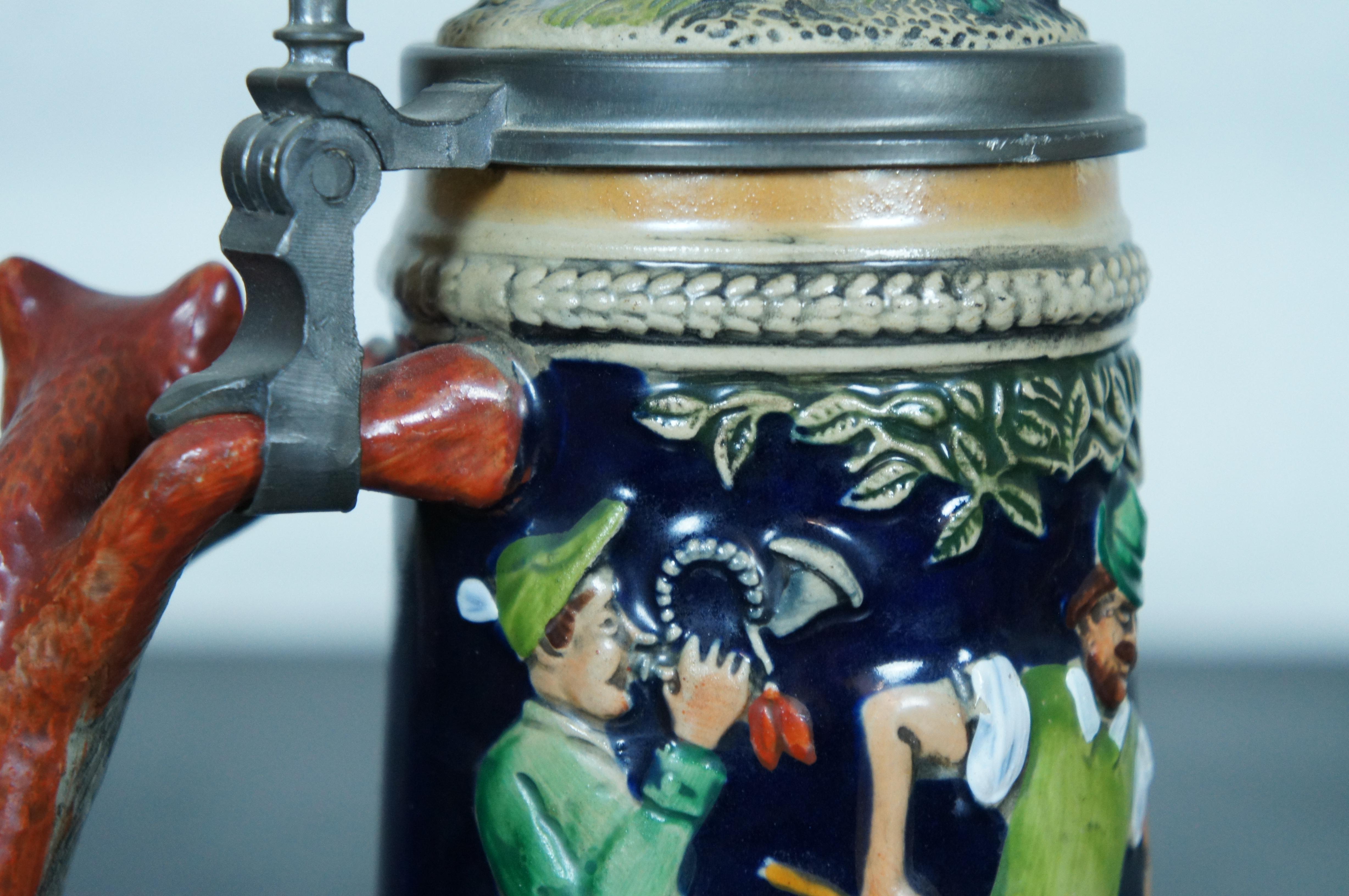 Vintage Gerzit Genz Ceramic Handle de renard Boar Hunt Lidded Beer Stein Allemagne 9