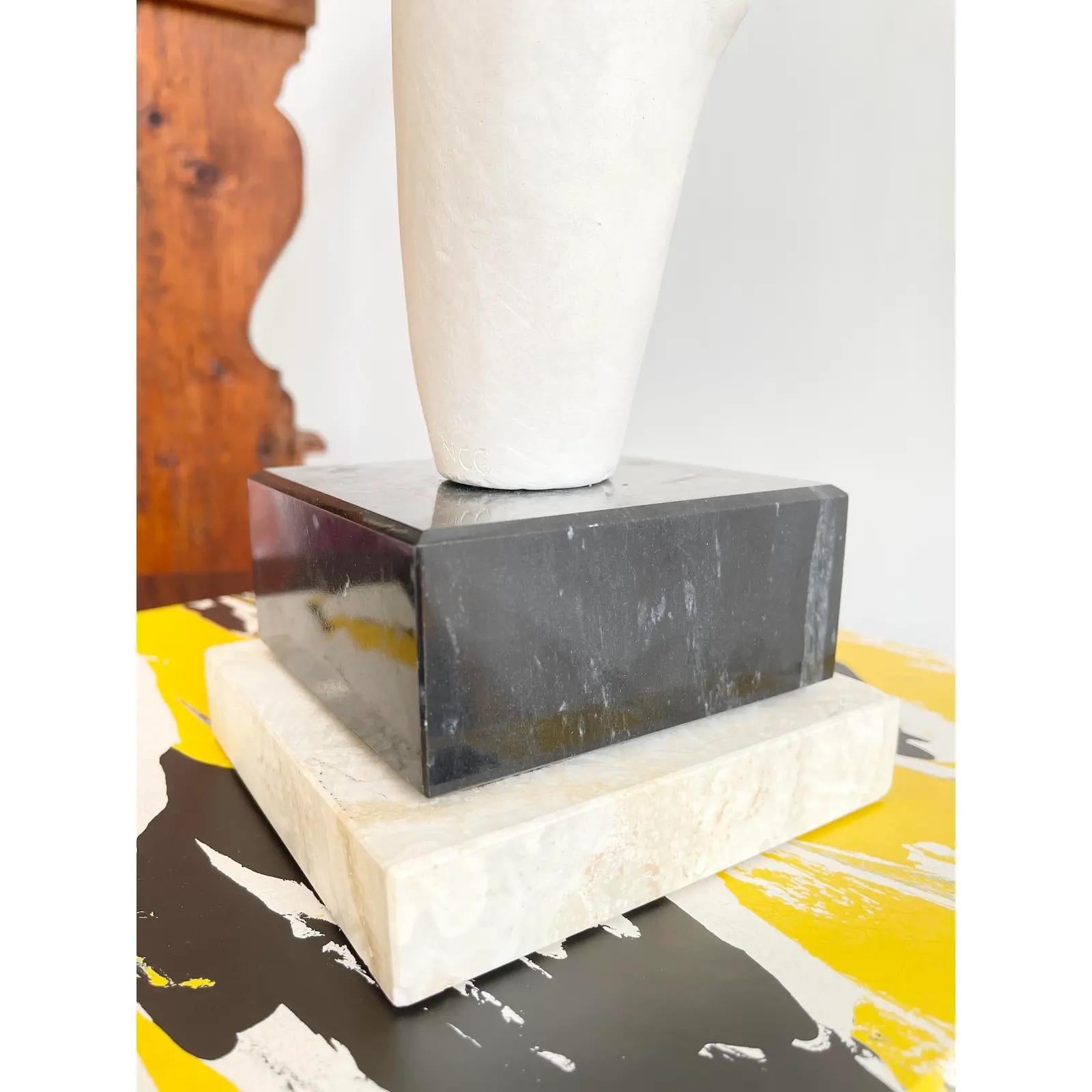 Vintage Gesso Abstract Sculpture in White with Marble and Travertine Base For Sale 4