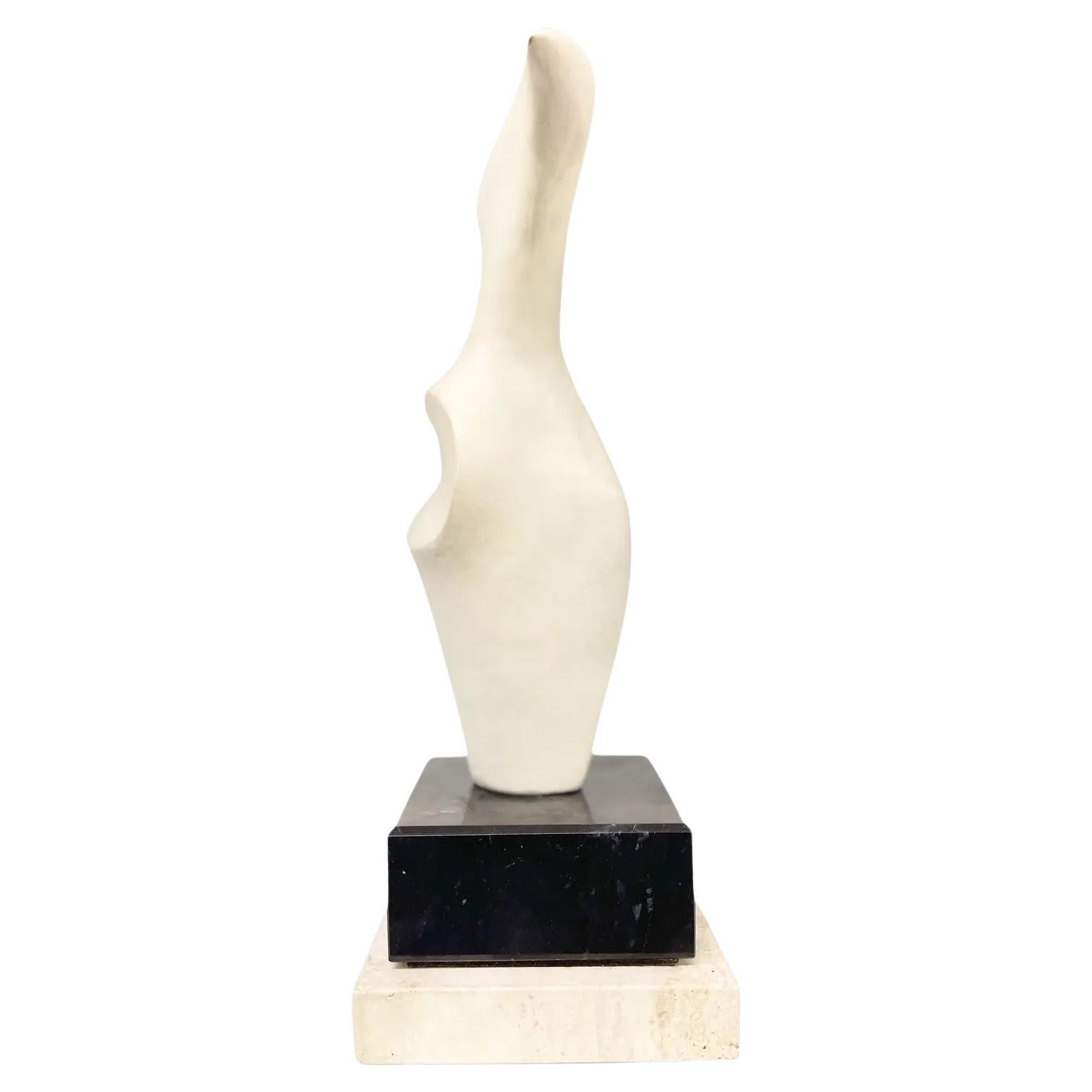 Vintage Gesso Abstract Sculpture in White with Marble and Travertine Base For Sale
