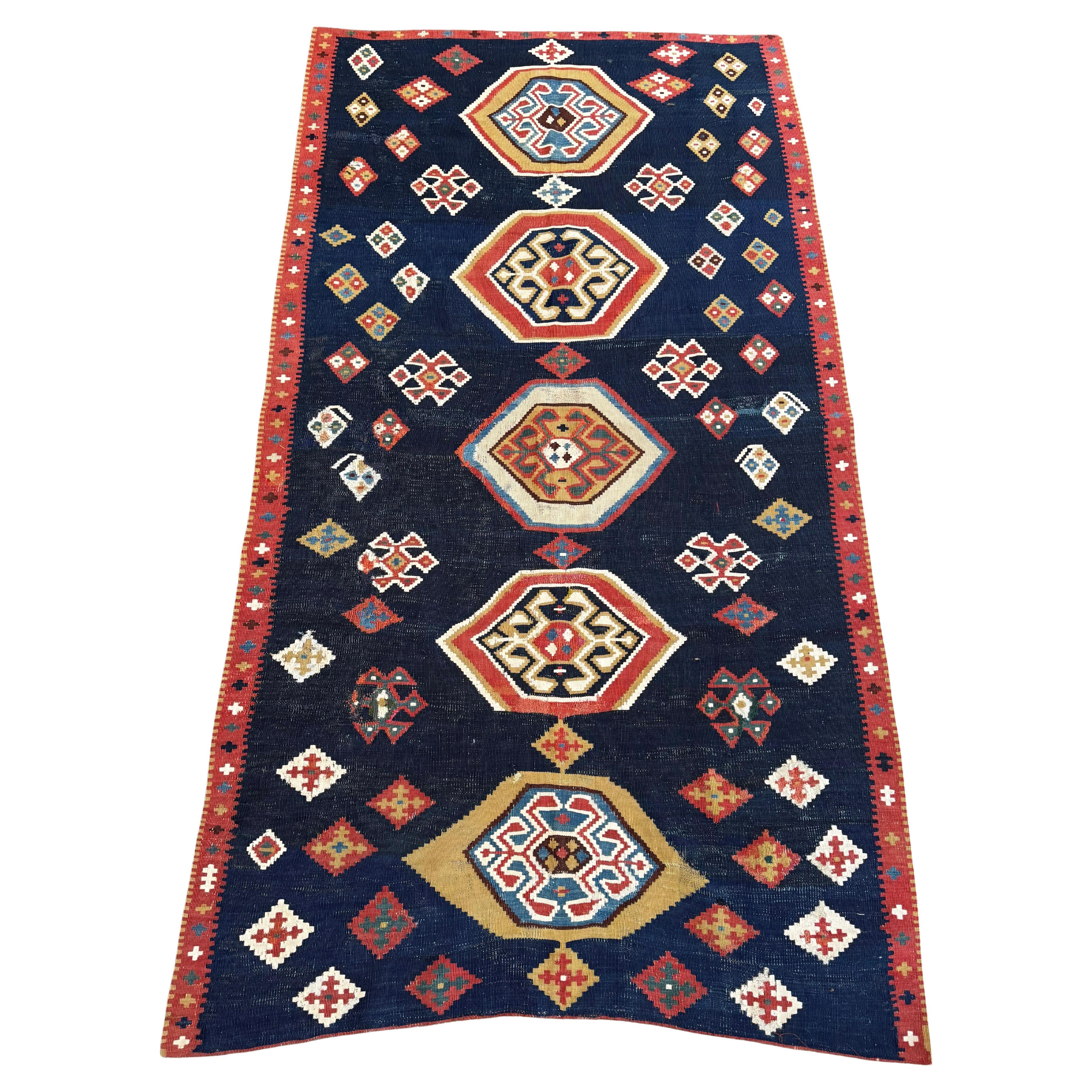 Vintage Ghashghai Kilim Rug & Kilim in Navy, Red & Gold Tribal Design en vente