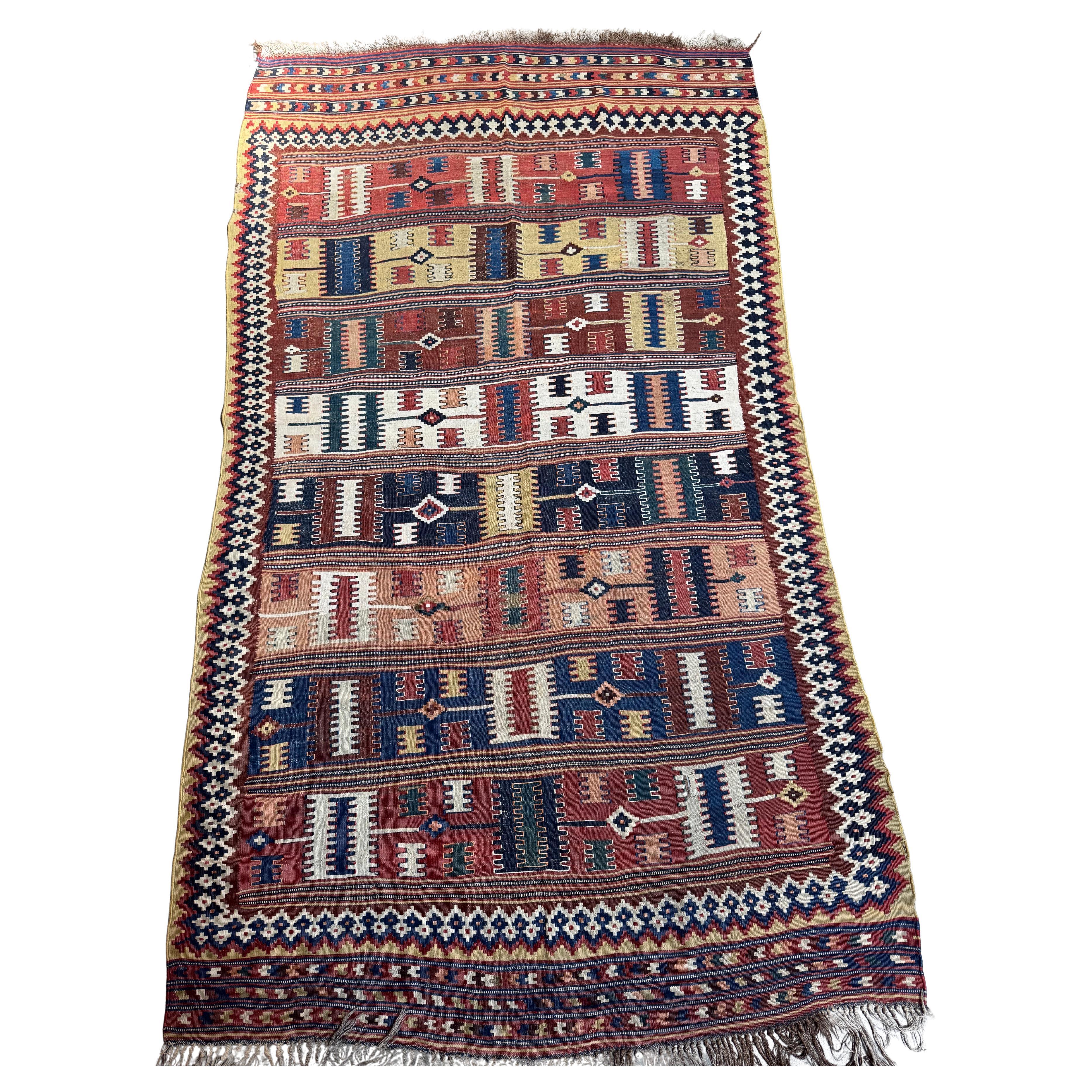 Rug & Kilim Vintage Ghashghai avec bandes tribales multicolores - 8'2" X 4'8"