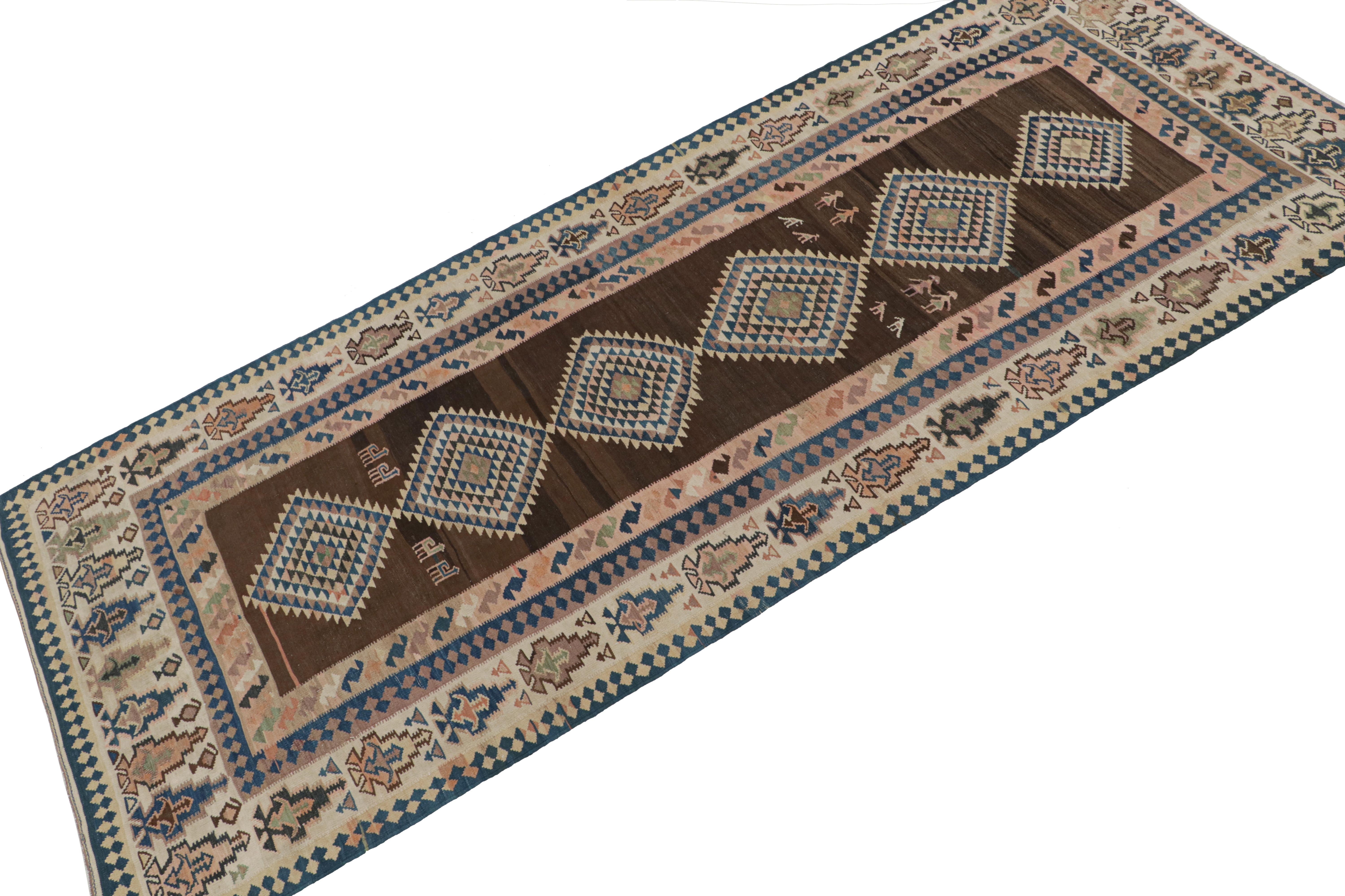 Hand-Knotted Vintage Ghazvin Persian Kilim in Brown with Blue Medallions by Rug & Kilim For Sale